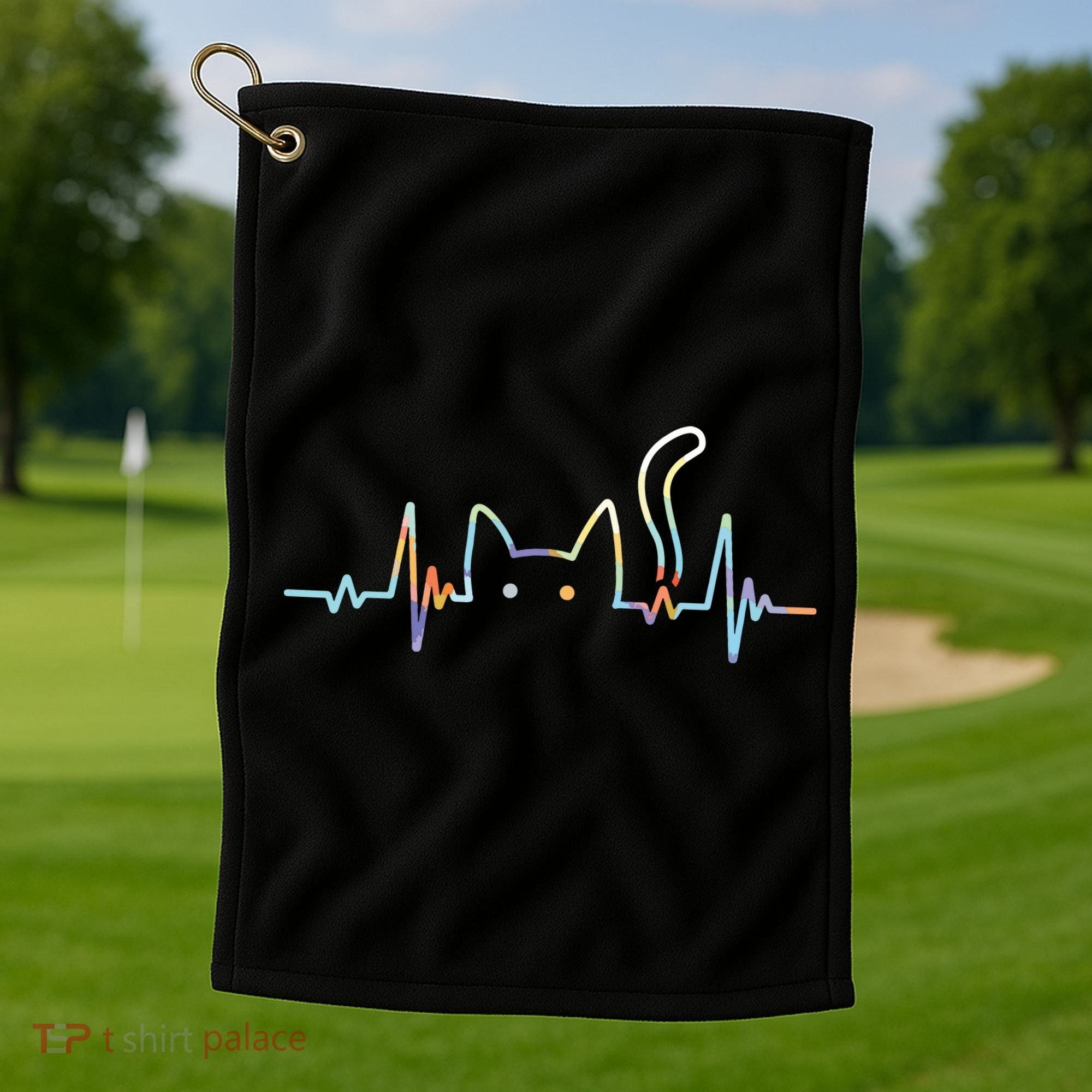 Heartbeat Cat Lover Animal Silhouette Cute Cat Golf Towel