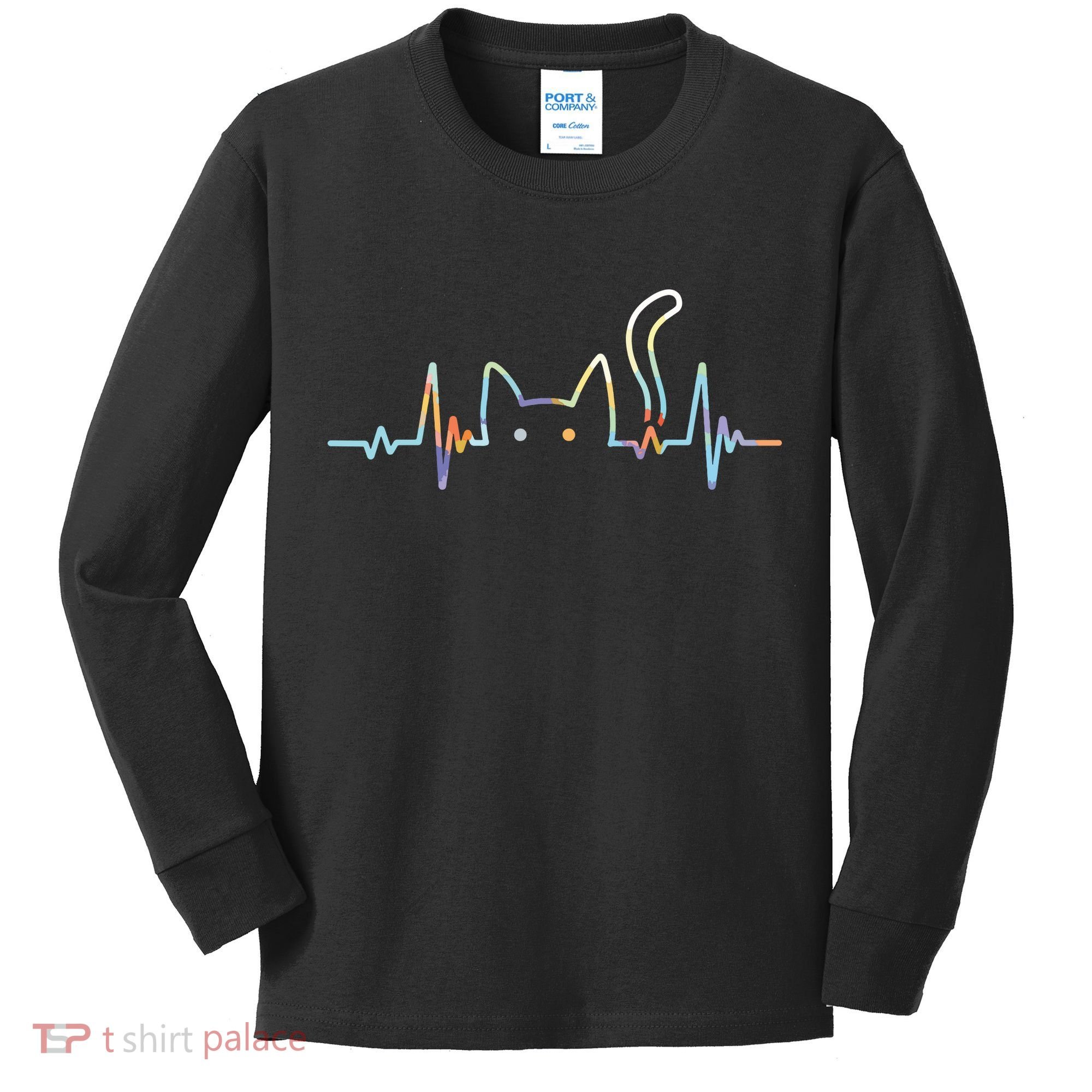Heartbeat Cat Lover Animal Silhouette Cute Cat Kids Long Sleeve Shirt