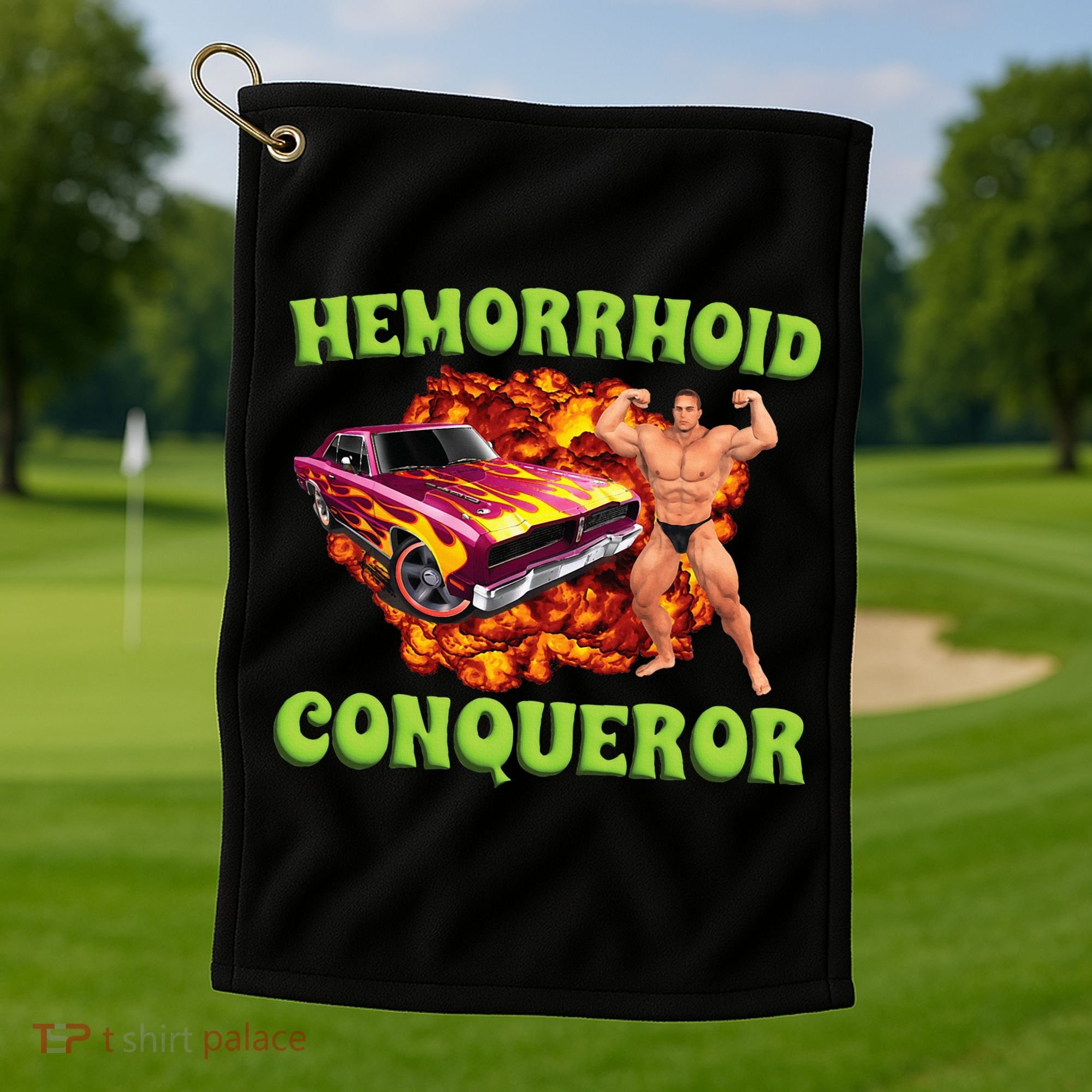 Hemorrhoid Conqueror Meme Weird Offensive Cringe Joke Golf Towel