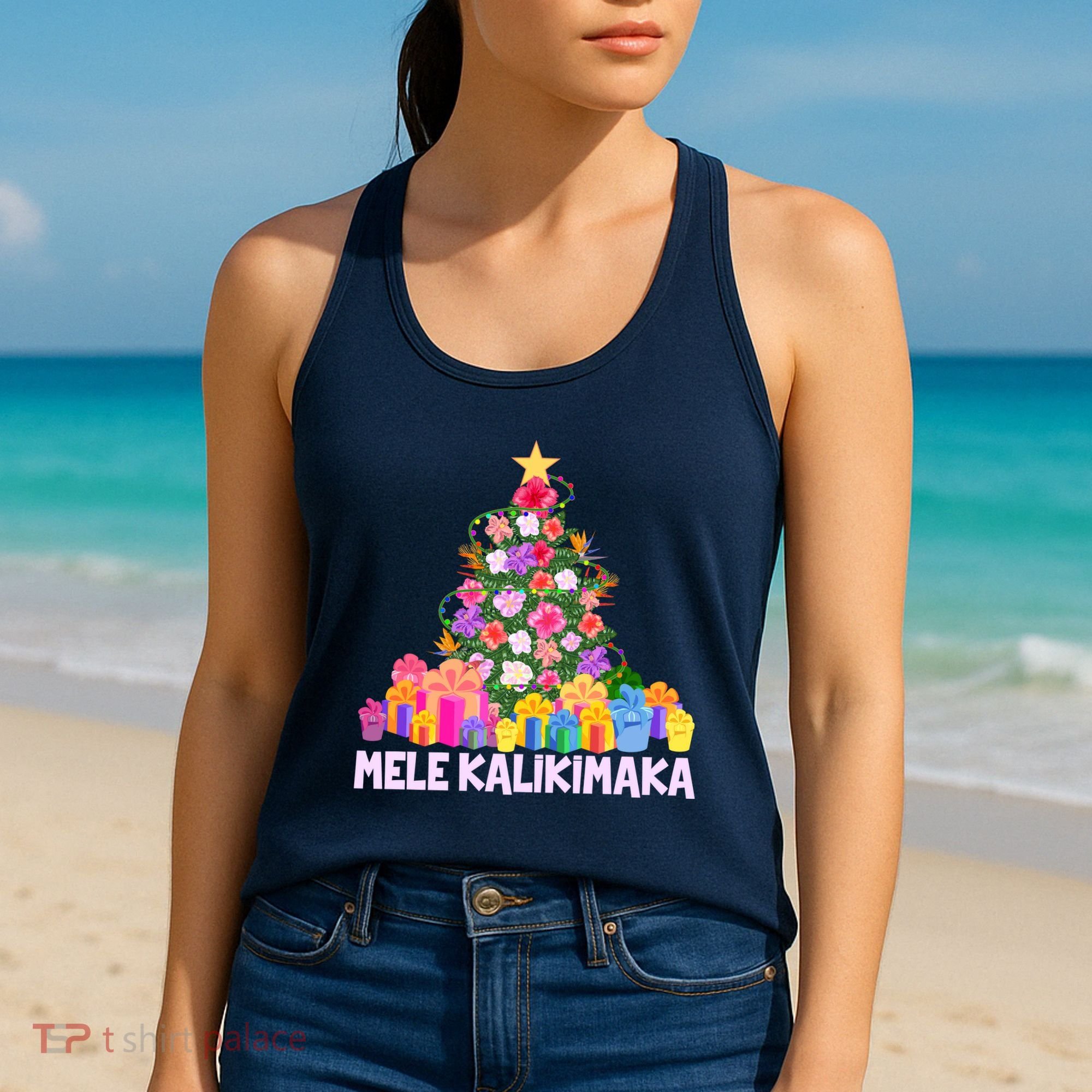 Hawaiian Christmas Mele Kalikimaka Tropical Flower Tree Women's Tank Top