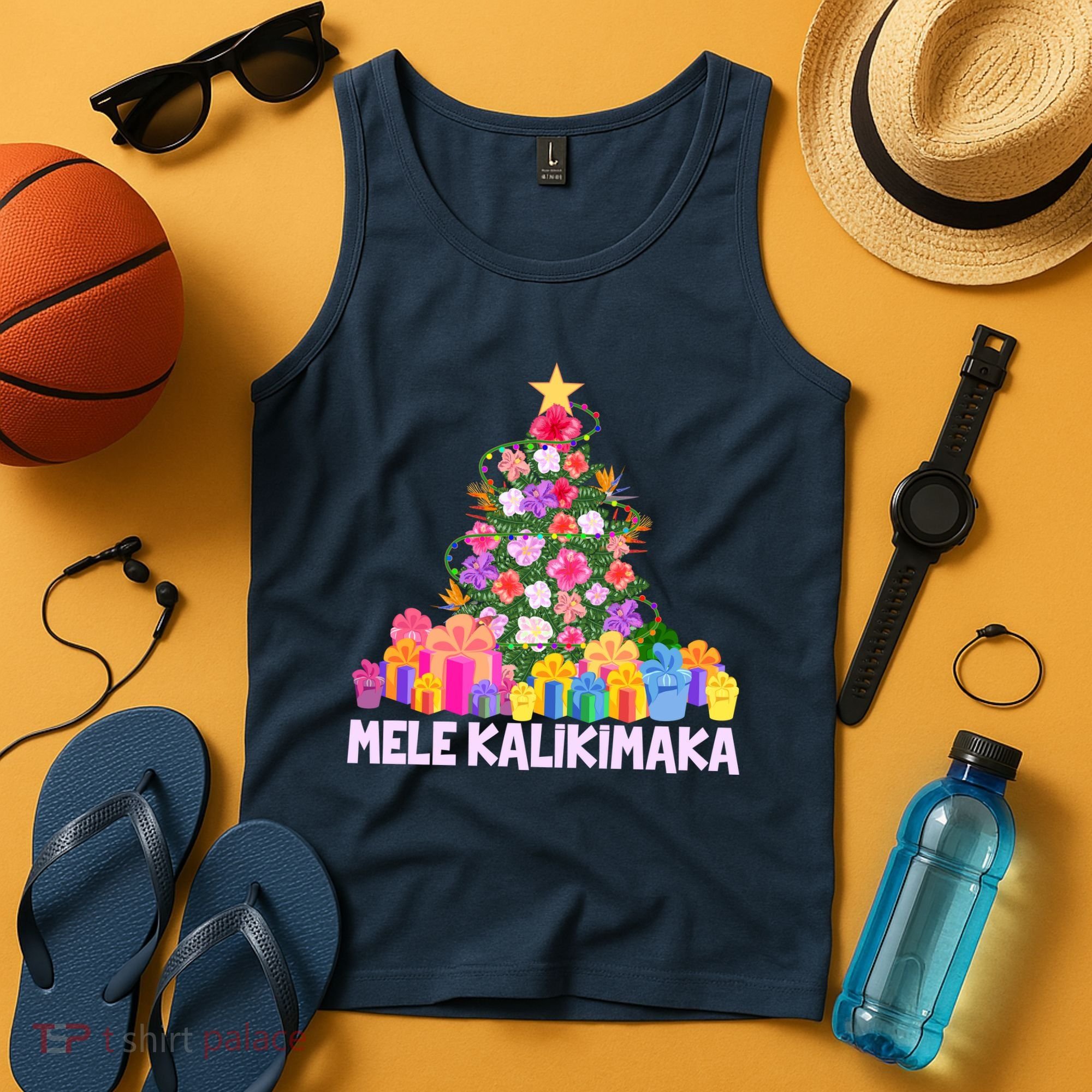 Hawaiian Christmas Mele Kalikimaka Tropical Flower Tree Tank Top
