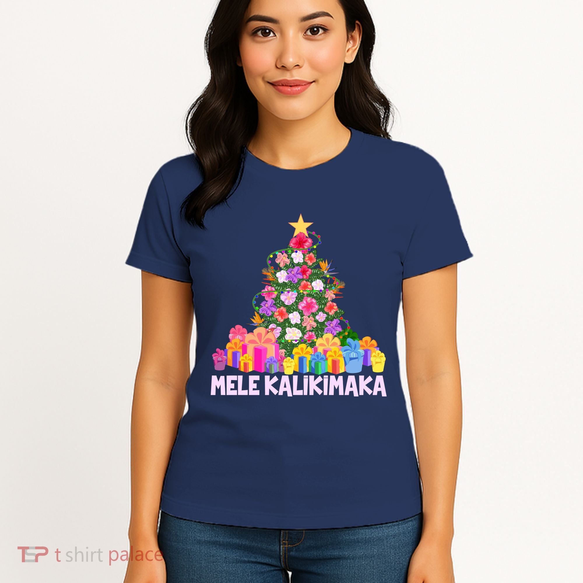 Hawaiian Christmas Mele Kalikimaka Tropical Flower Tree Women's T-Shirt