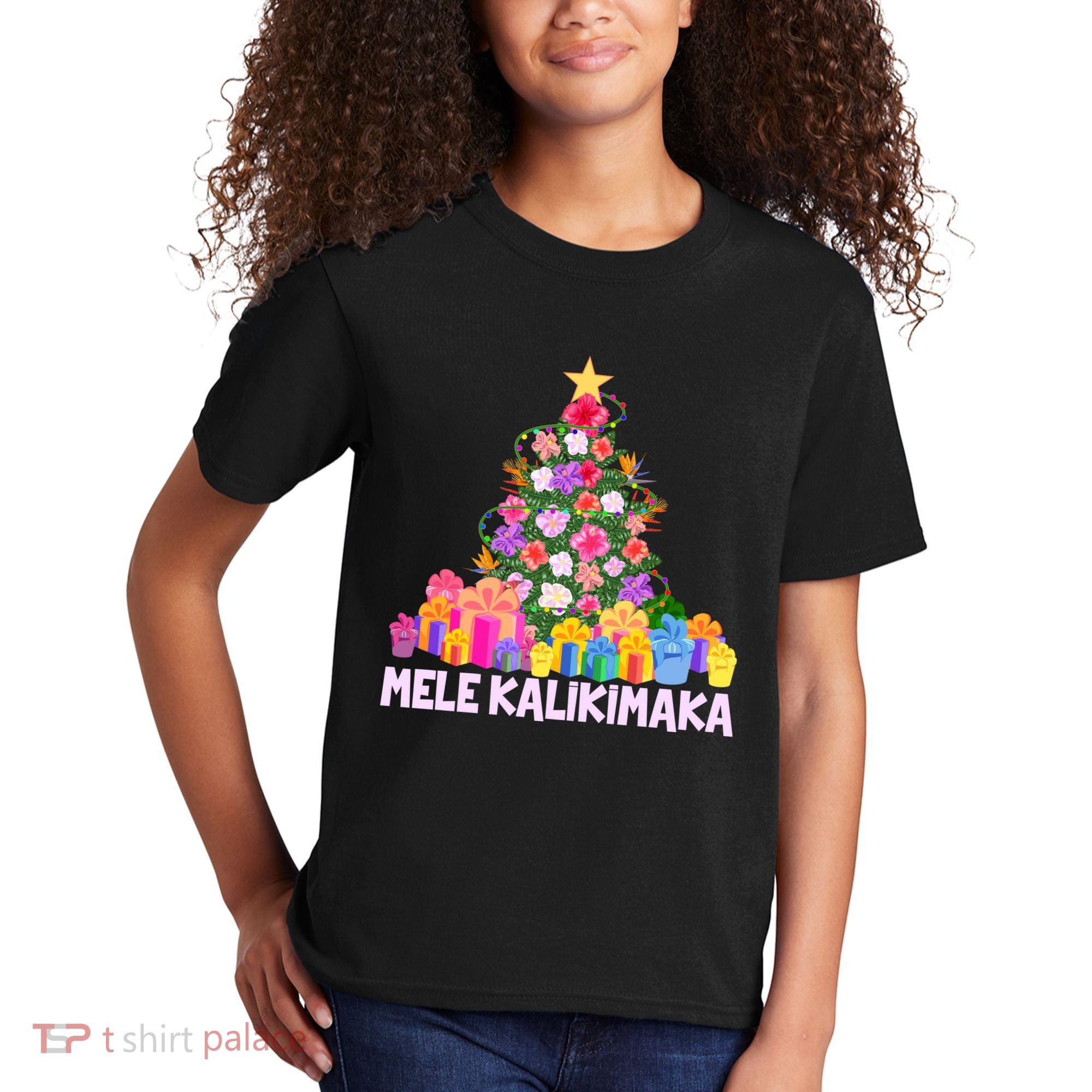 Hawaiian Christmas Mele Kalikimaka Tropical Flower Tree Kids T-Shirt
