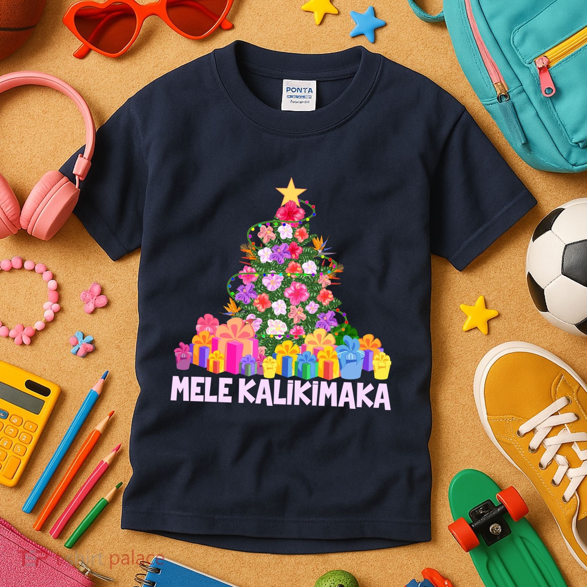 Hawaiian Christmas Mele Kalikimaka Tropical Flower Tree Kids T-Shirt