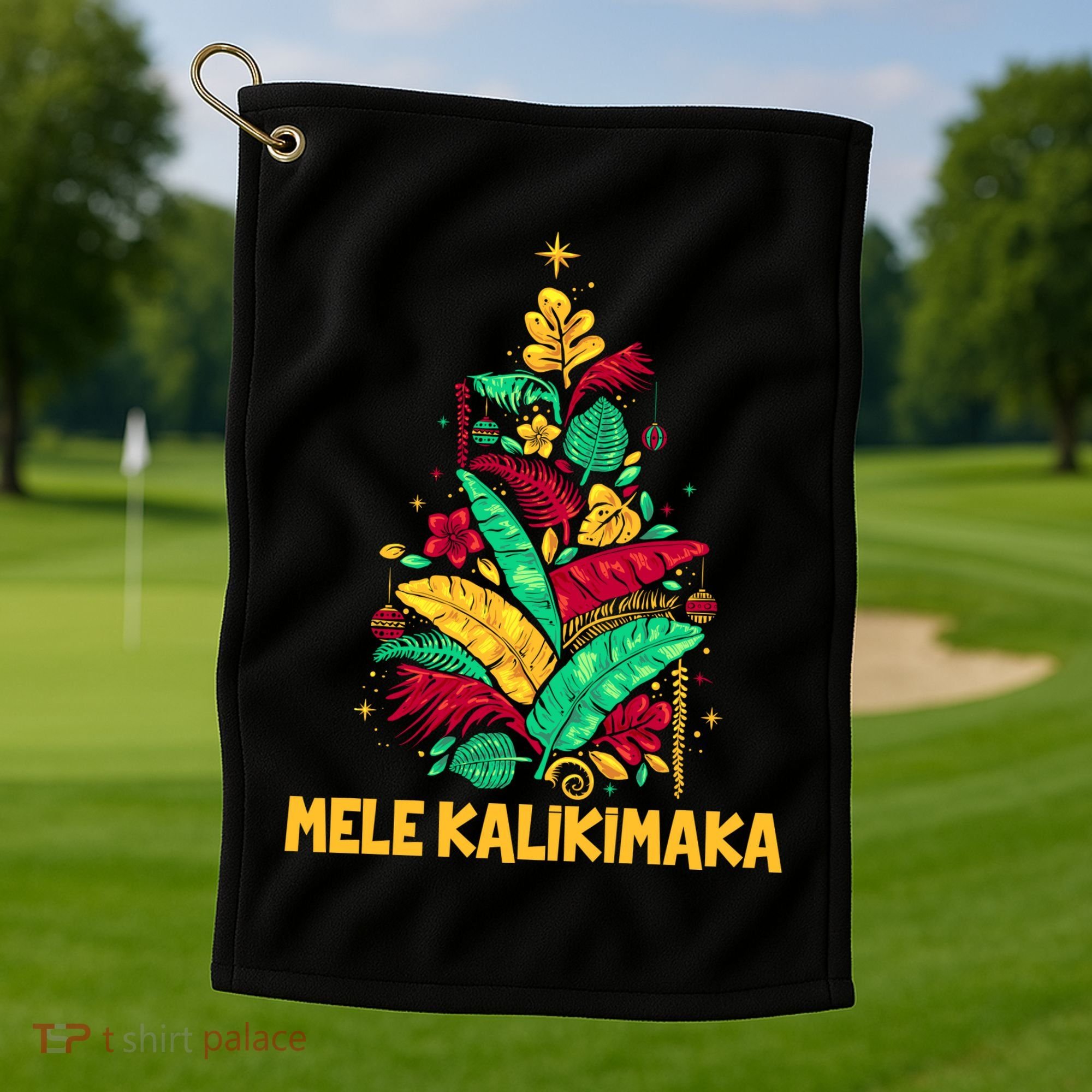 Hawaiian Christmas Mele Kalikimaka Tropical Leaves Tree Golf Towel