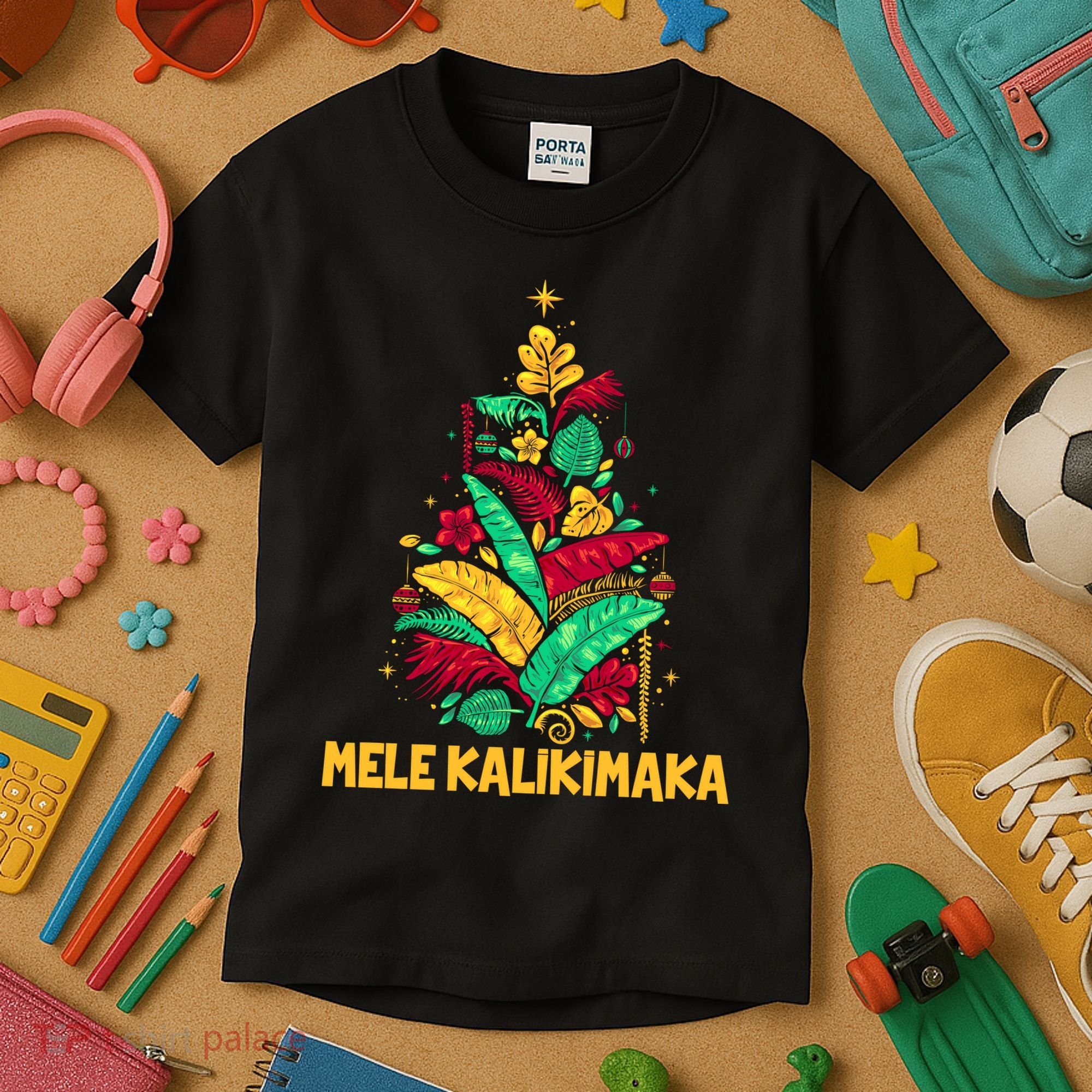 Hawaiian Christmas Mele Kalikimaka Tropical Leaves Tree Kids T-Shirt
