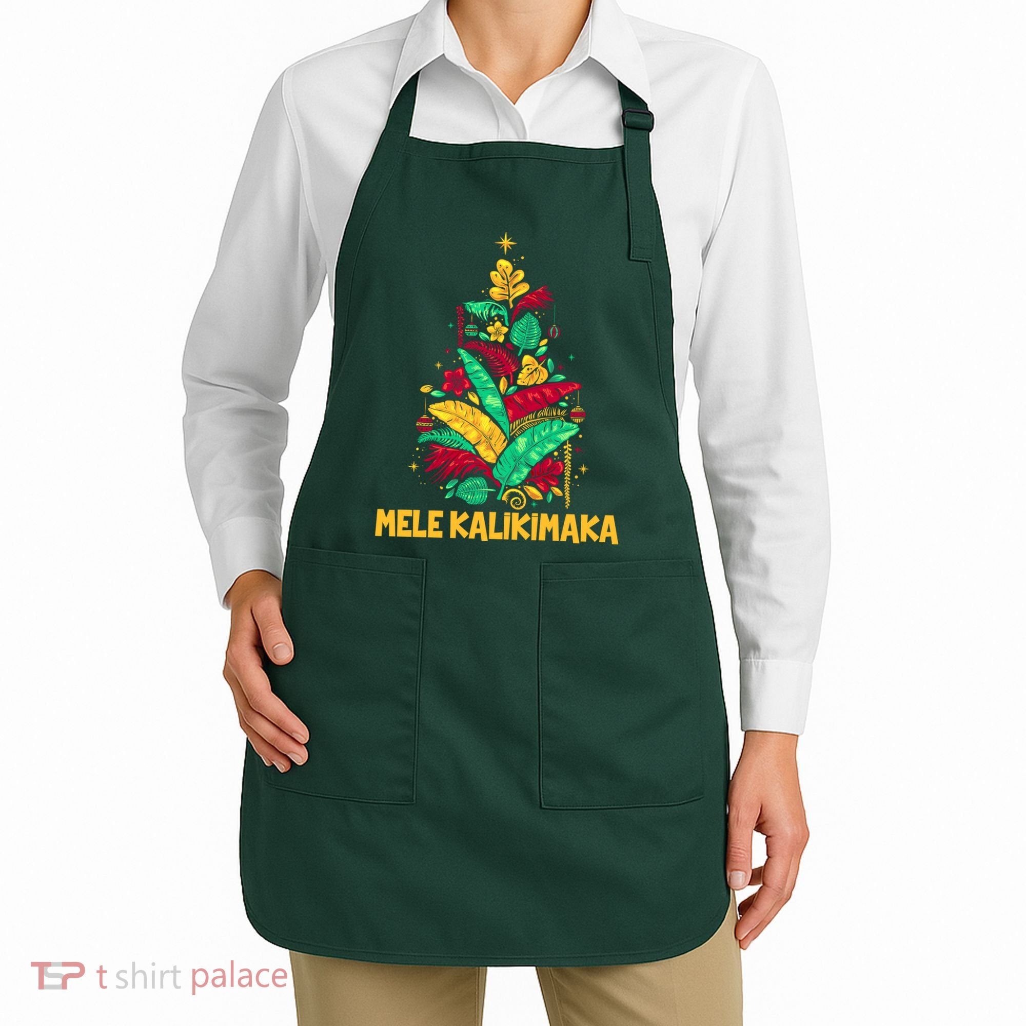 Hawaiian Christmas Mele Kalikimaka Tropical Leaves Tree Apron