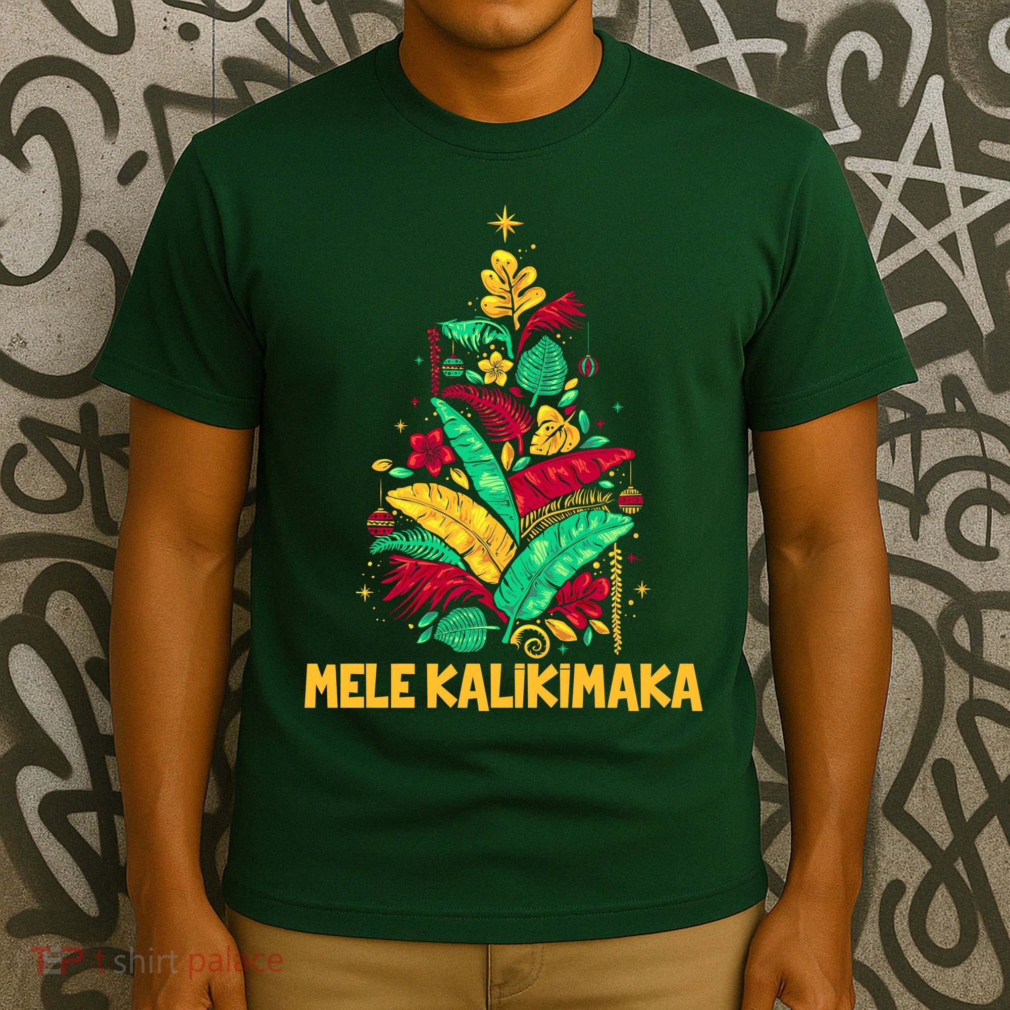 Hawaiian Christmas Mele Kalikimaka Tropical Leaves Tree T-Shirt