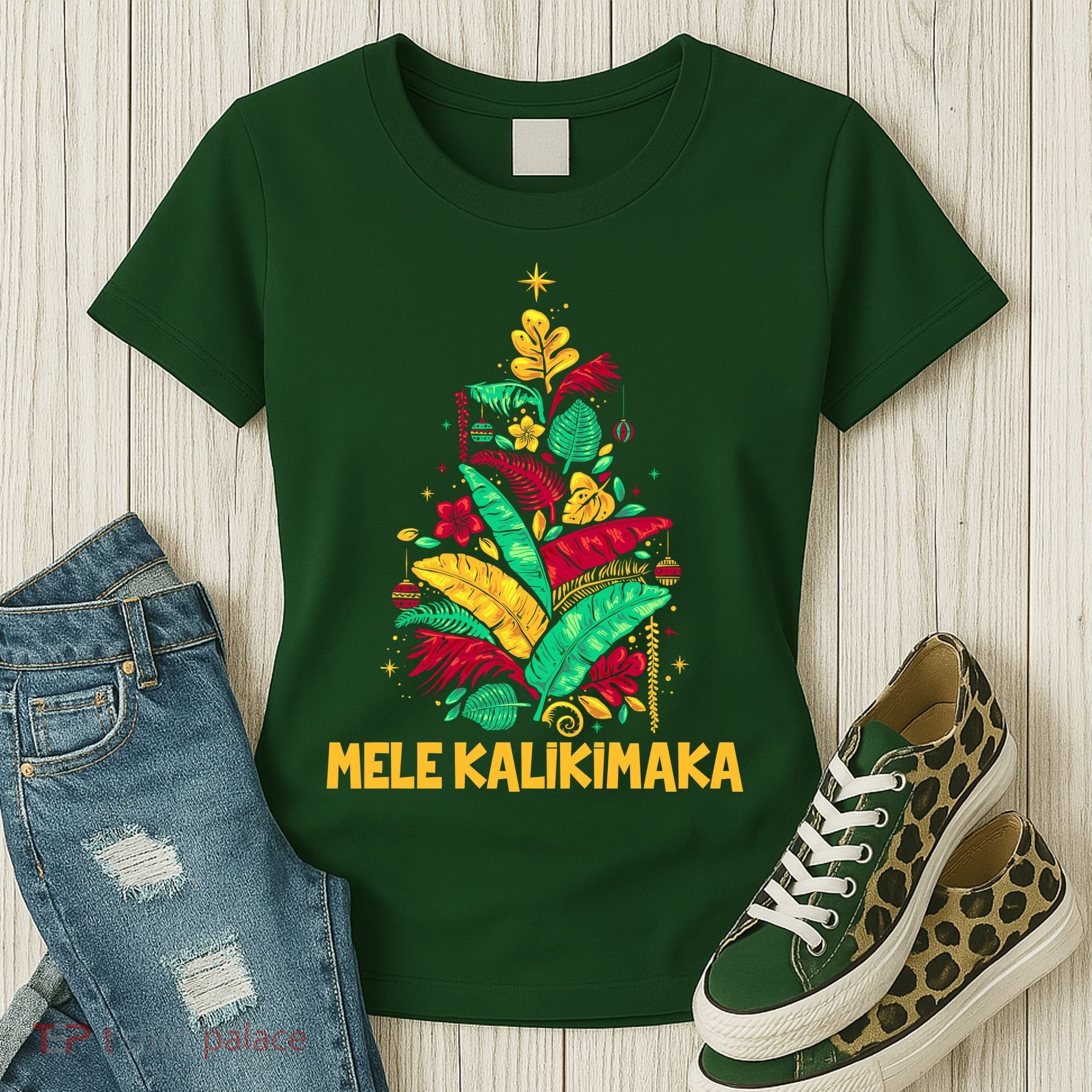 Hawaiian Christmas Mele Kalikimaka Tropical Leaves Tree Women's T-Shirt