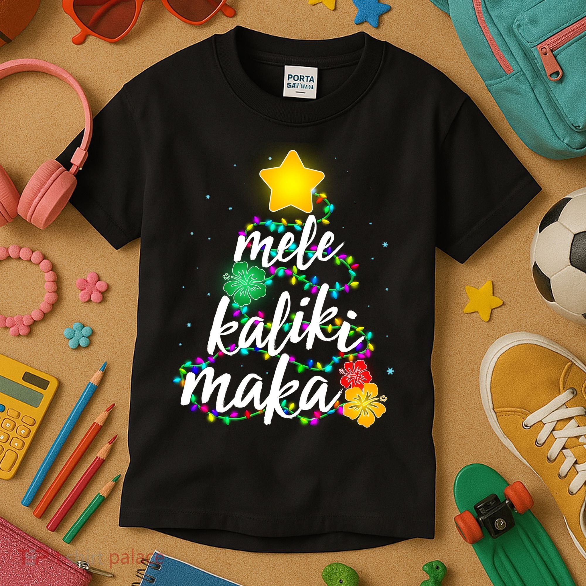 Hawaiian Christmas Mele Kaliki Maka Hibiscus Tree Kids T-Shirt