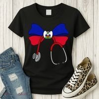 Haitian Coquette Nurse Stethoscope Bow Haiti Haitian Nurse Women's T-Shirt thumb 3