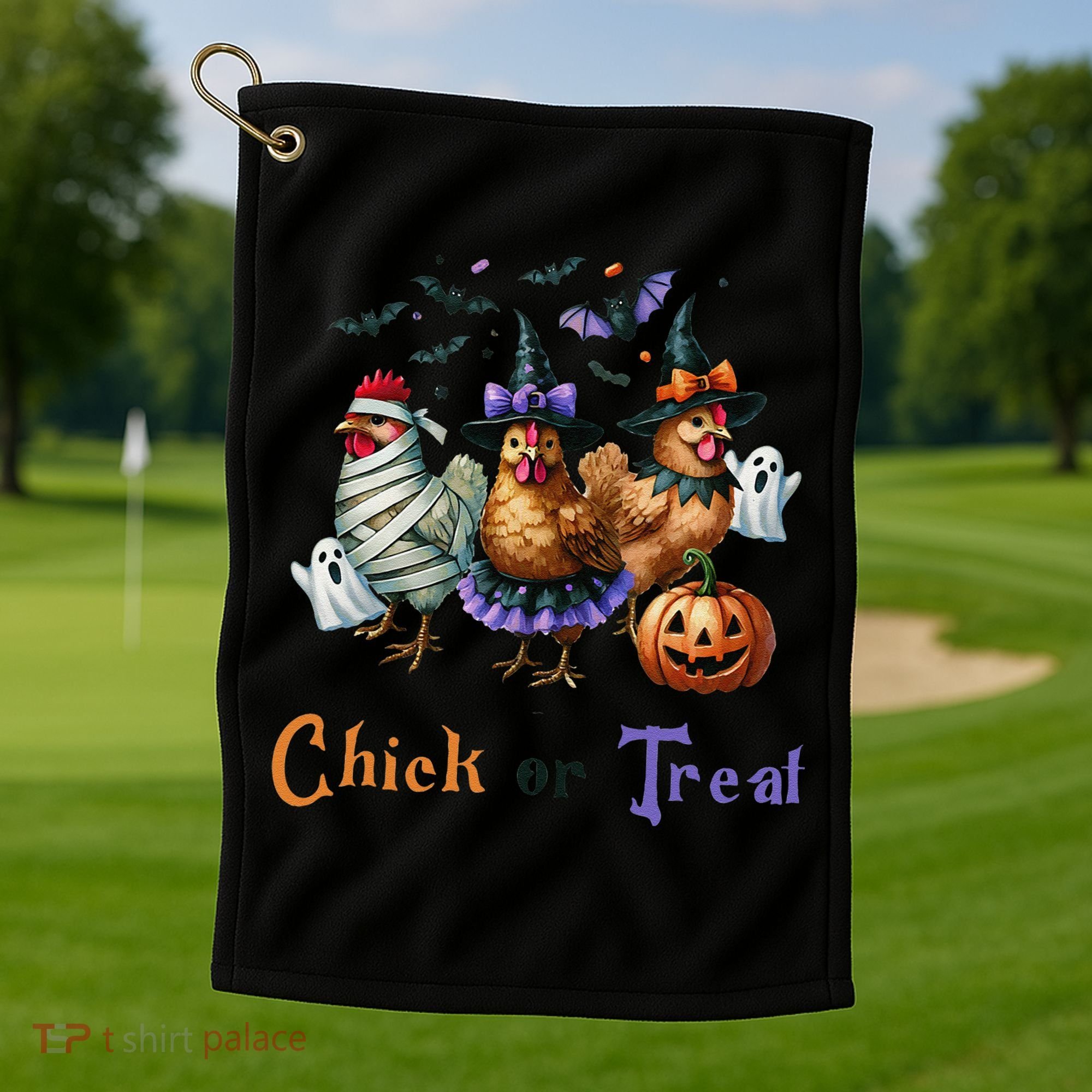 Halloween Chick Or Treat Pumpkins Chickens Farmer Funny Golf Towel