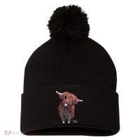 HiGHLaND CoW PRiNT ANiMaL PRiNT BoLLY Pom Pom 12in Knit Beanie thumb 0