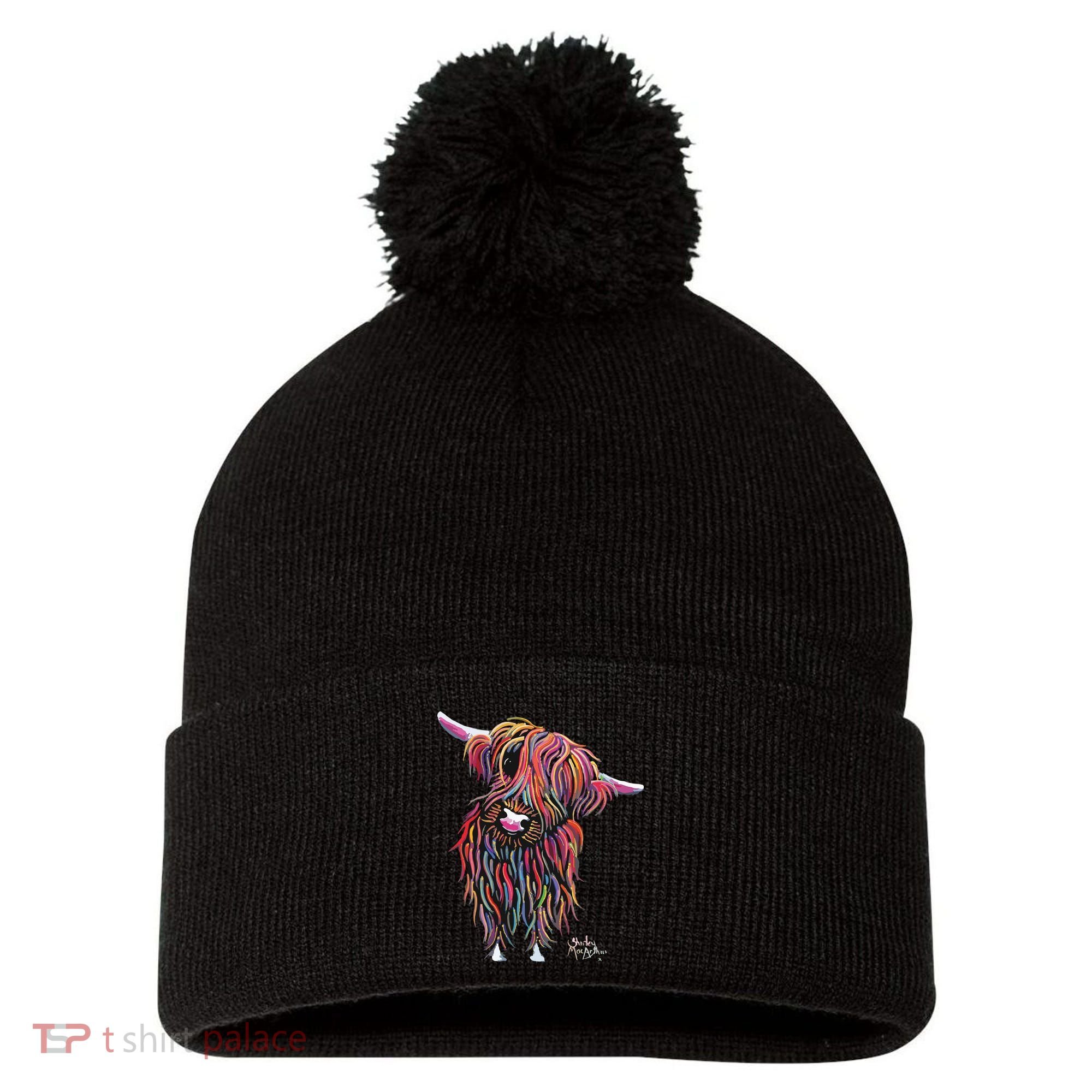 HiGHLaND CoW PRiNT ANiMaL PRiNT BoLLY Pom Pom 12in Knit Beanie