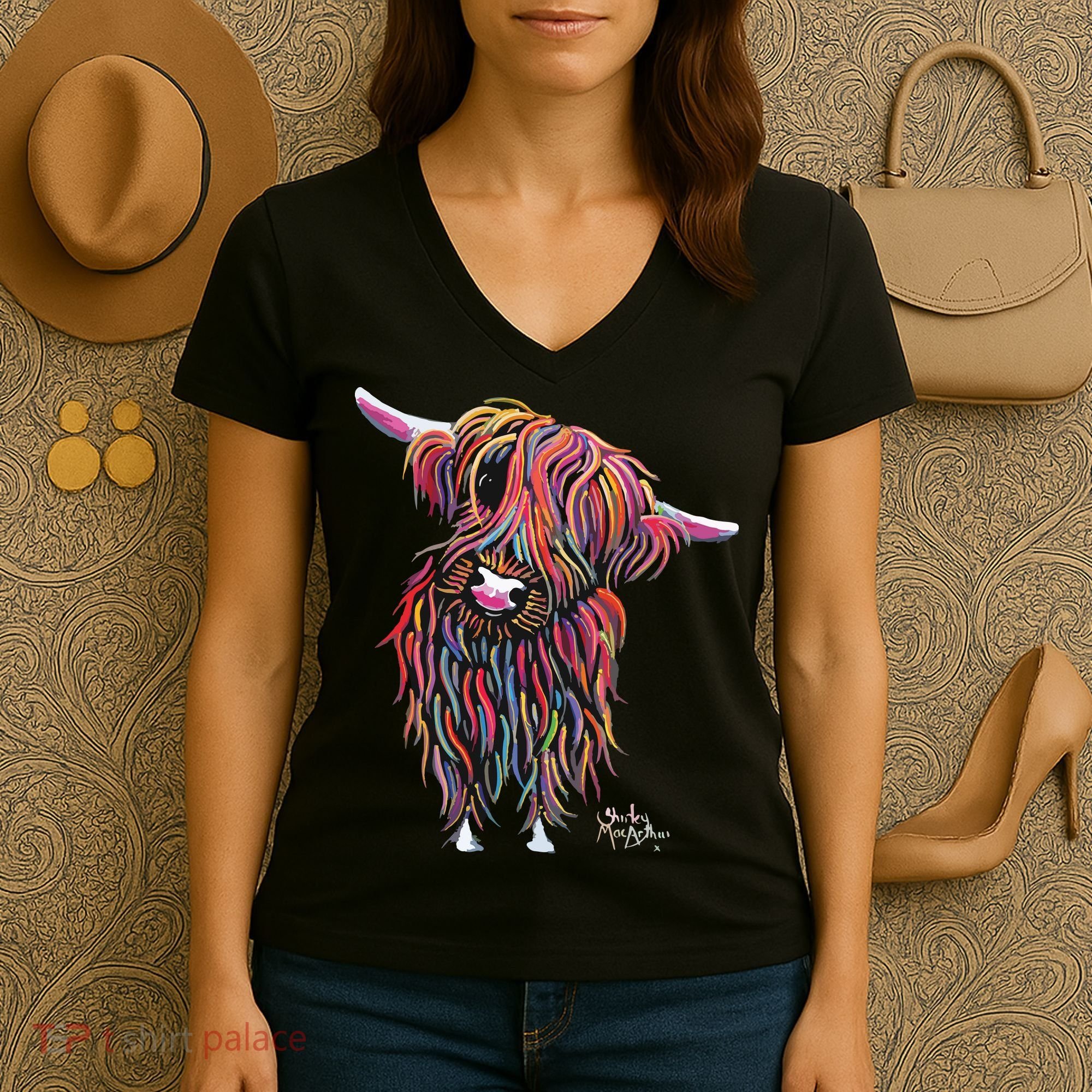 HiGHLaND CoW PRiNT ANiMaL PRiNT BoLLY Women's V-Neck T-Shirt