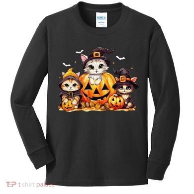 Halloween Cat Pumpkin Spooky Season Gift Kids Long Sleeve Shirt