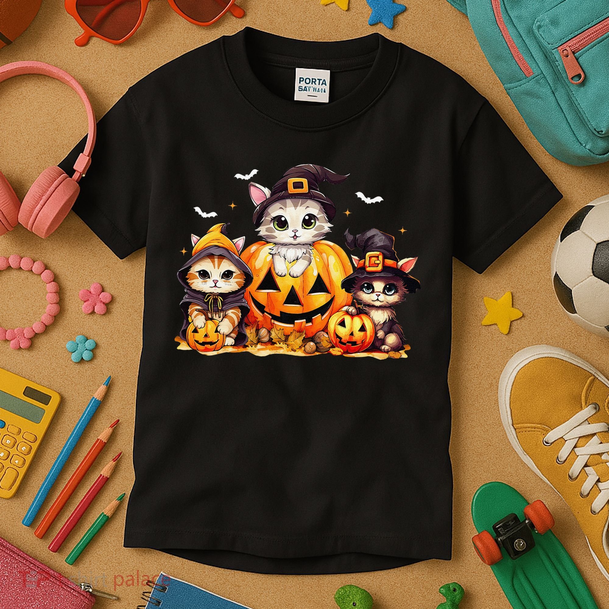 Halloween Cat Pumpkin Spooky Season Gift Kids T-Shirt