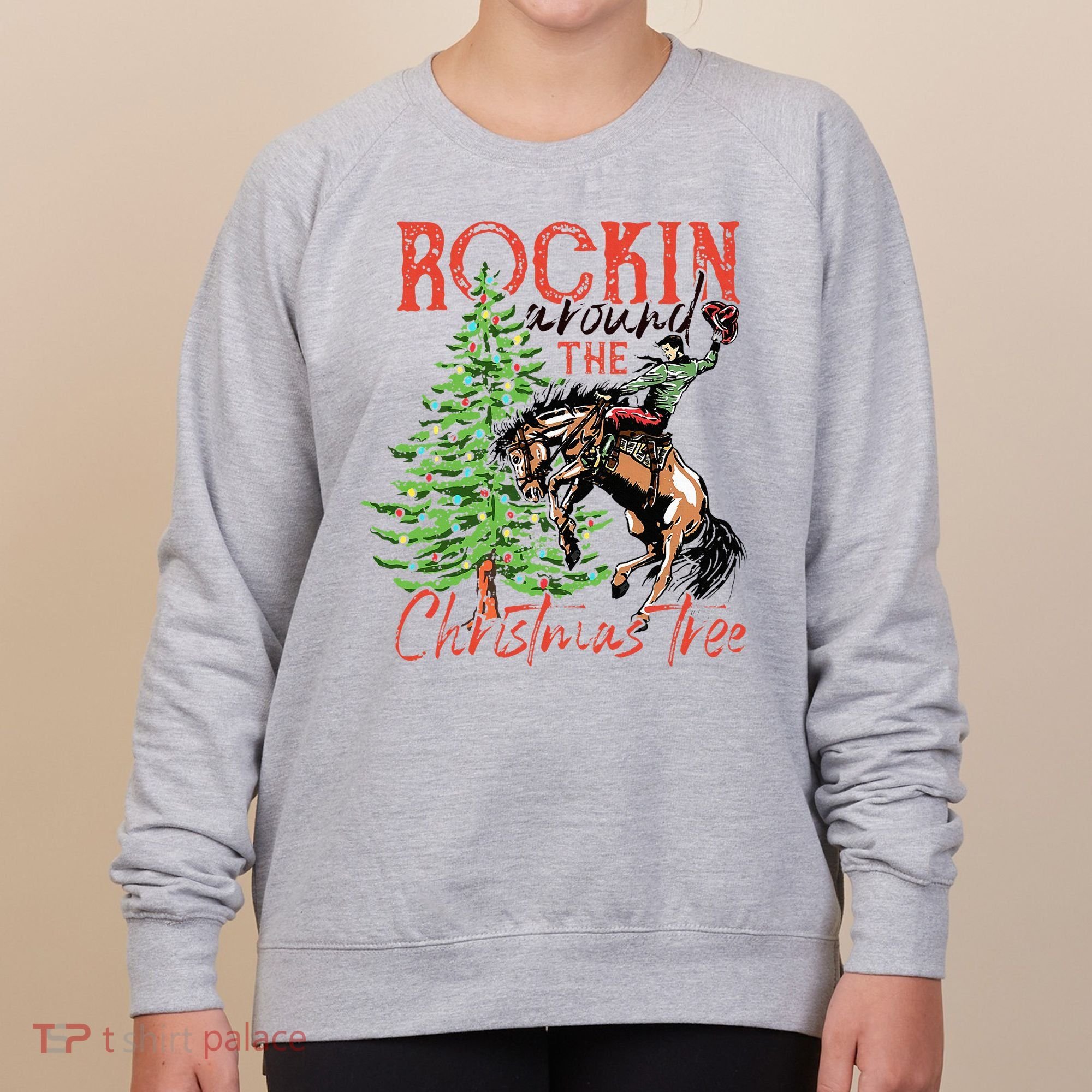 Hilarious Cowboy Rocking Christmas Tree Western Decor Women's Sweatshirt