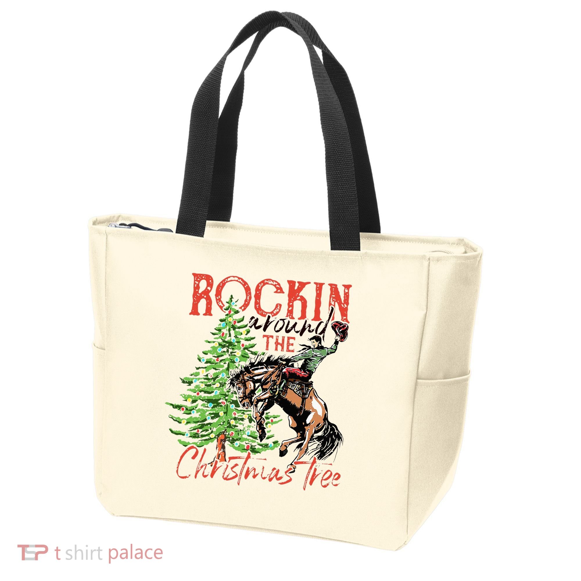Hilarious Cowboy Rocking Christmas Tree Western Decor Tote Bag