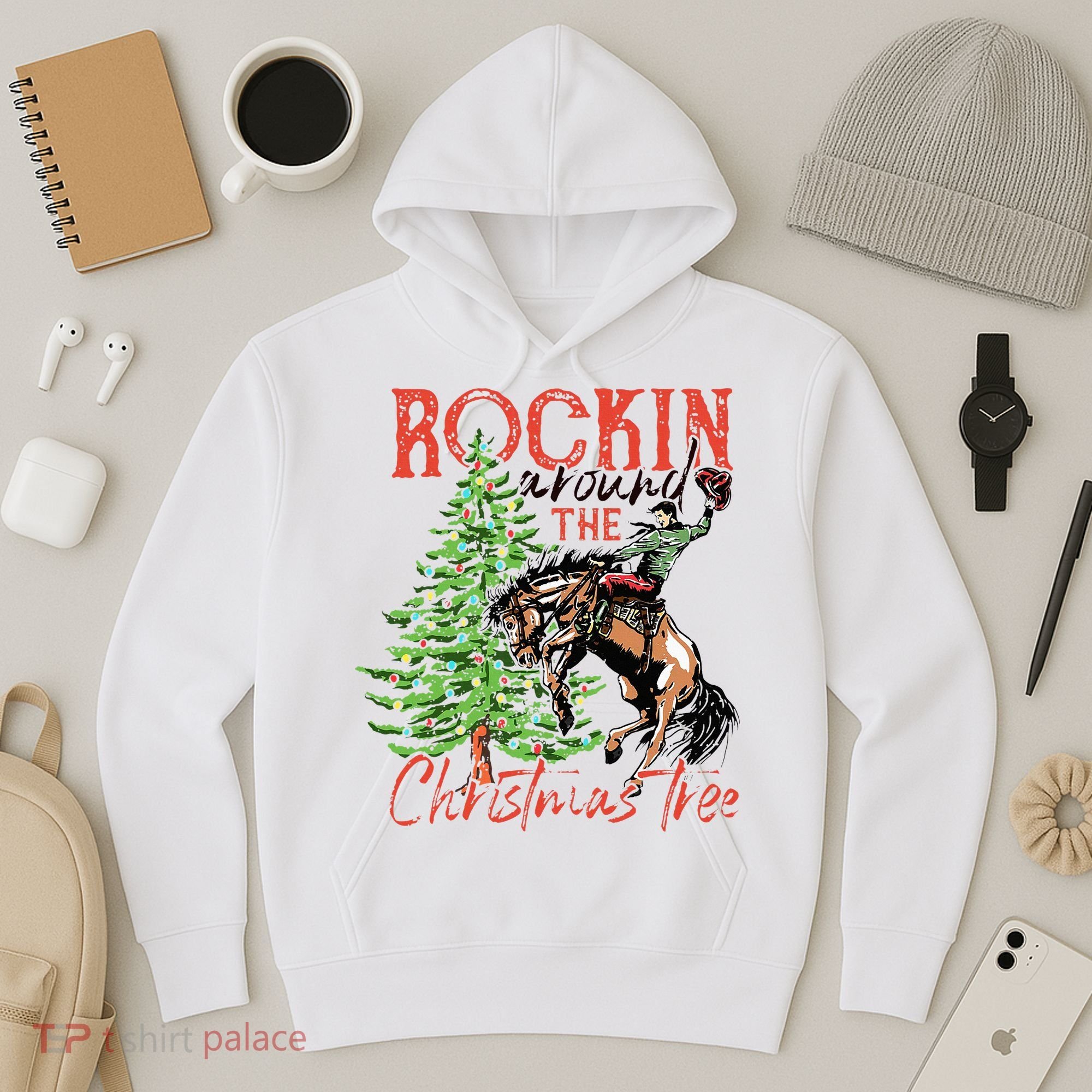 Hilarious Cowboy Rocking Christmas Tree Western Decor Hoodie