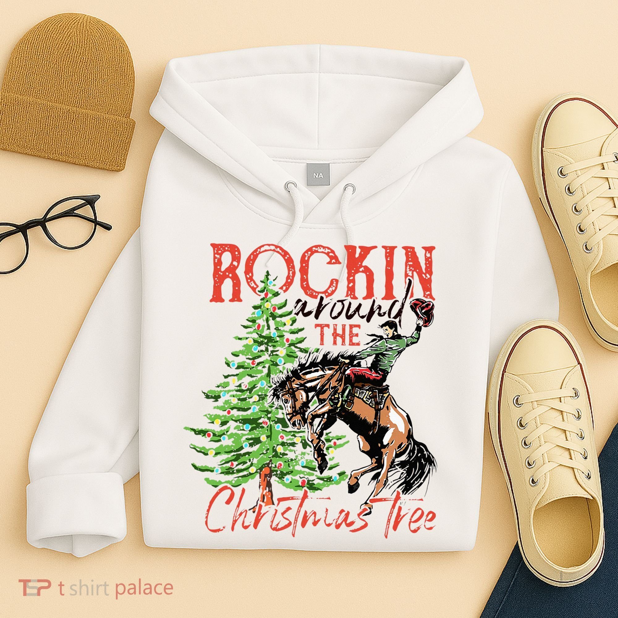 Hilarious Cowboy Rocking Christmas Tree Western Decor Hoodie