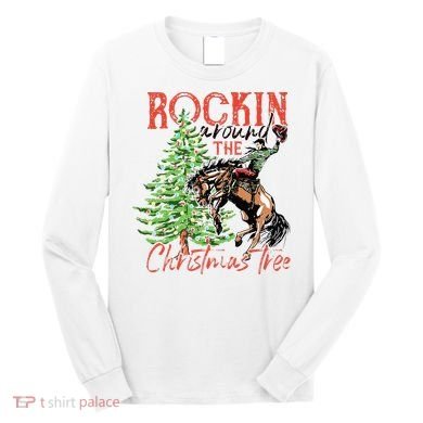 Hilarious Cowboy Rocking Christmas Tree Western Decor Long Sleeve Shirt