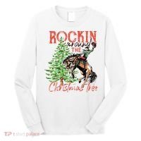 Hilarious Cowboy Rocking Christmas Tree Western Decor Long Sleeve Shirt thumb 0