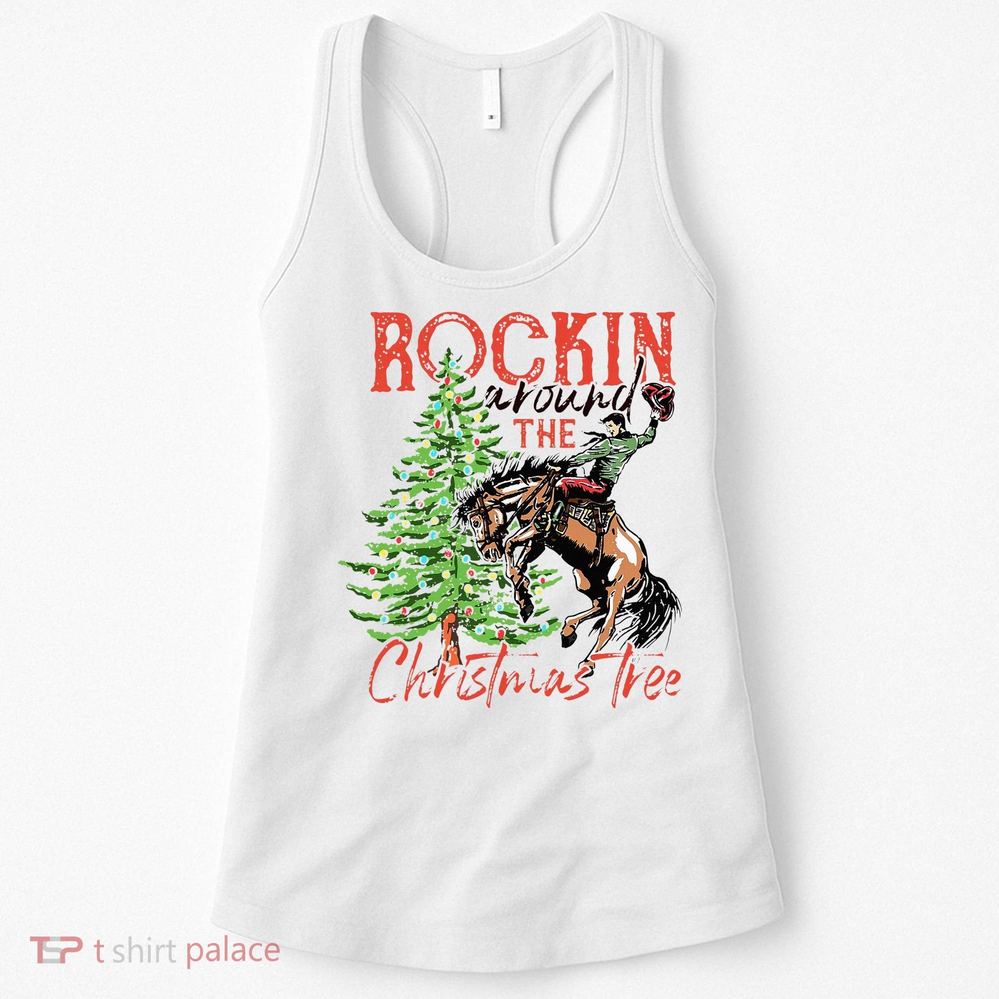 Hilarious Cowboy Rocking Christmas Tree Western Decor Women's Tank Top
