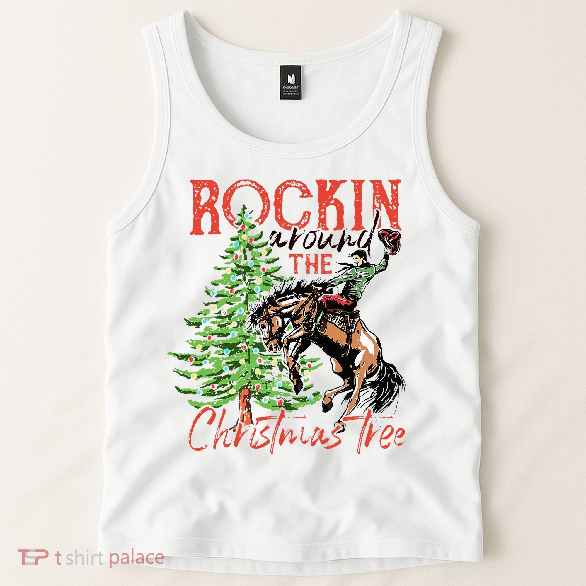 Hilarious Cowboy Rocking Christmas Tree Western Decor Tank Top
