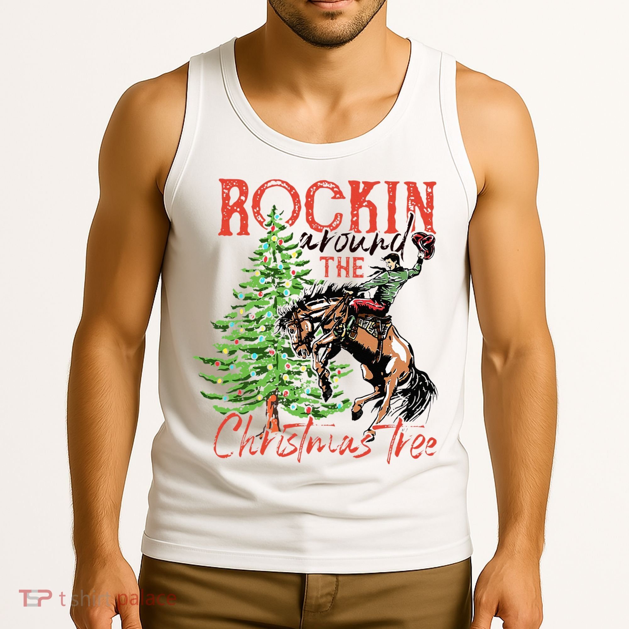 Hilarious Cowboy Rocking Christmas Tree Western Decor Tank Top