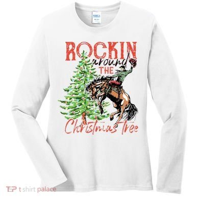 Hilarious Cowboy Rocking Christmas Tree Western Decor Women's Long Sleeve Shirt