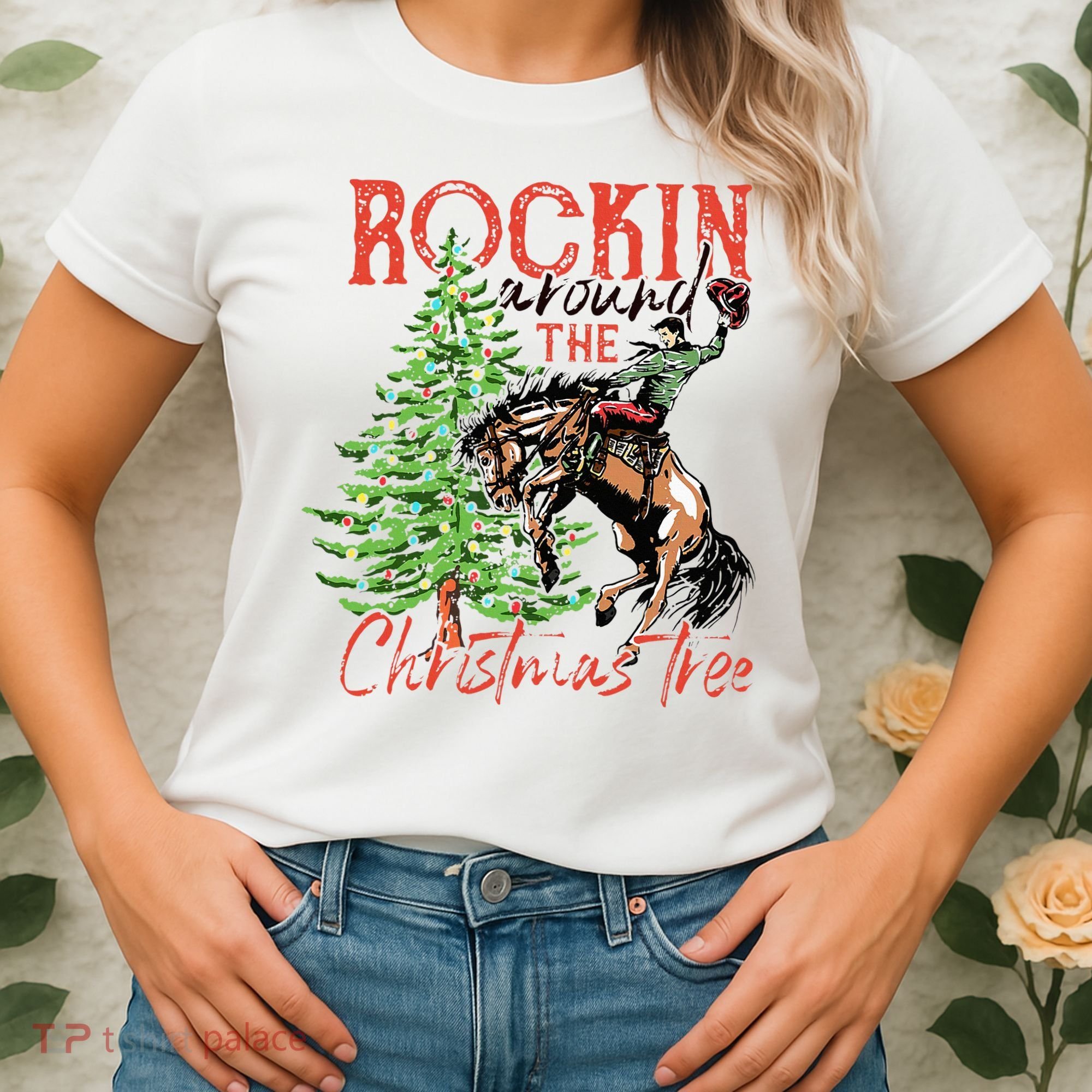 Hilarious Cowboy Rocking Christmas Tree Western Decor Women's T-Shirt