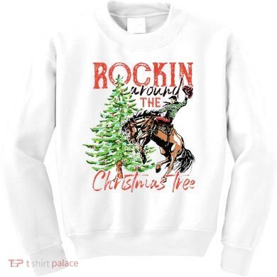 Hilarious Cowboy Rocking Christmas Tree Western Decor Kids Sweatshirt