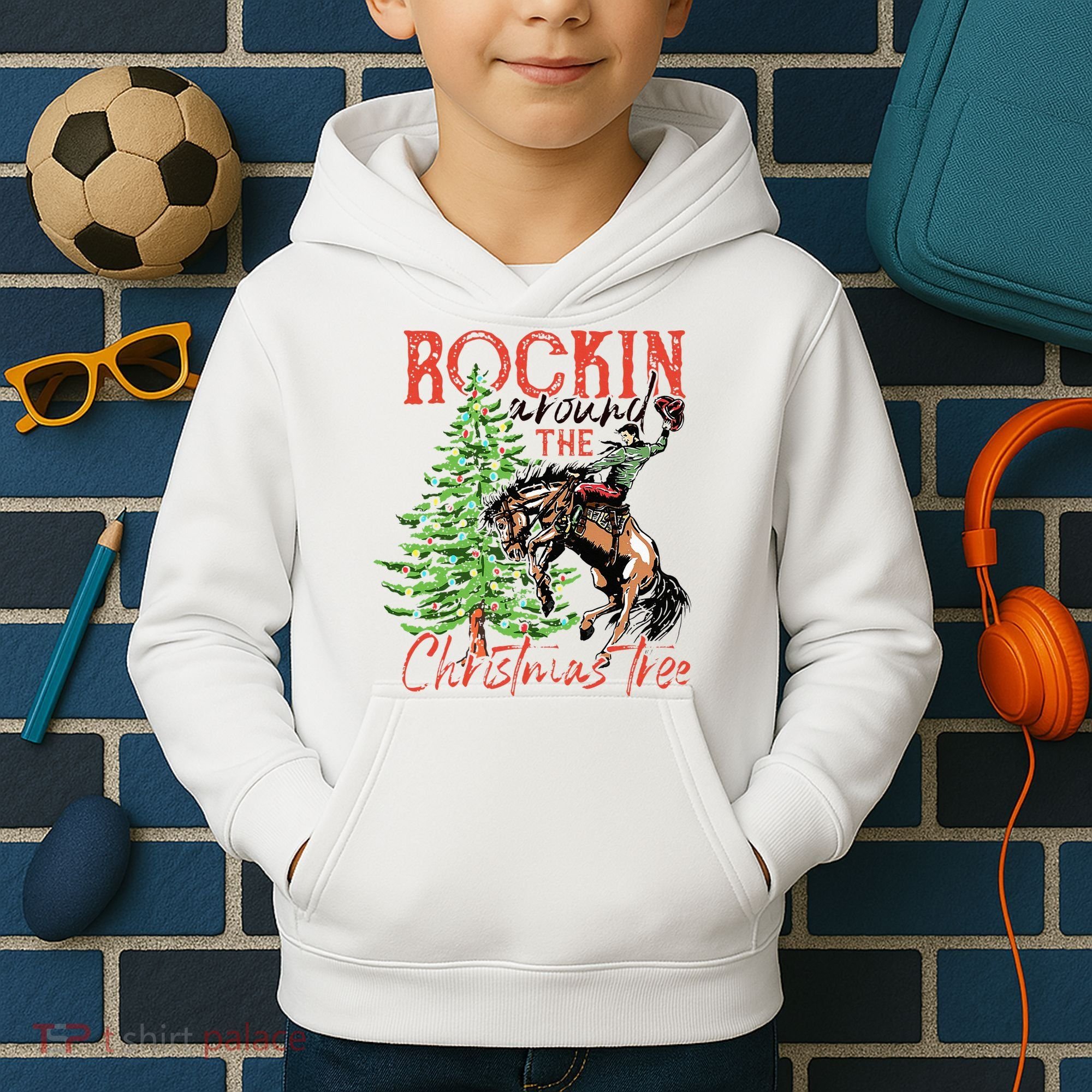 Hilarious Cowboy Rocking Christmas Tree Western Decor Kids Hoodie