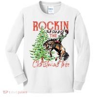 Hilarious Cowboy Rocking Christmas Tree Western Decor Kids Long Sleeve Shirt thumb 0