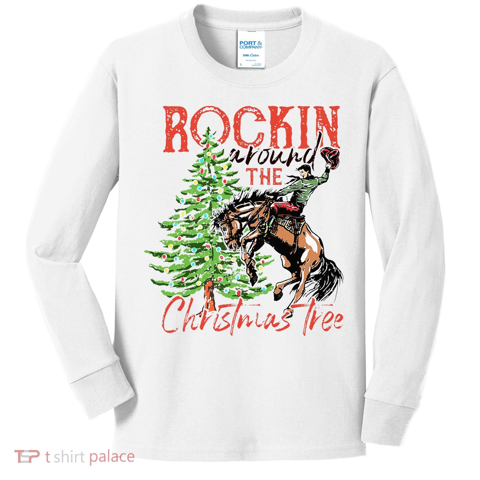 Hilarious Cowboy Rocking Christmas Tree Western Decor Kids Long Sleeve Shirt