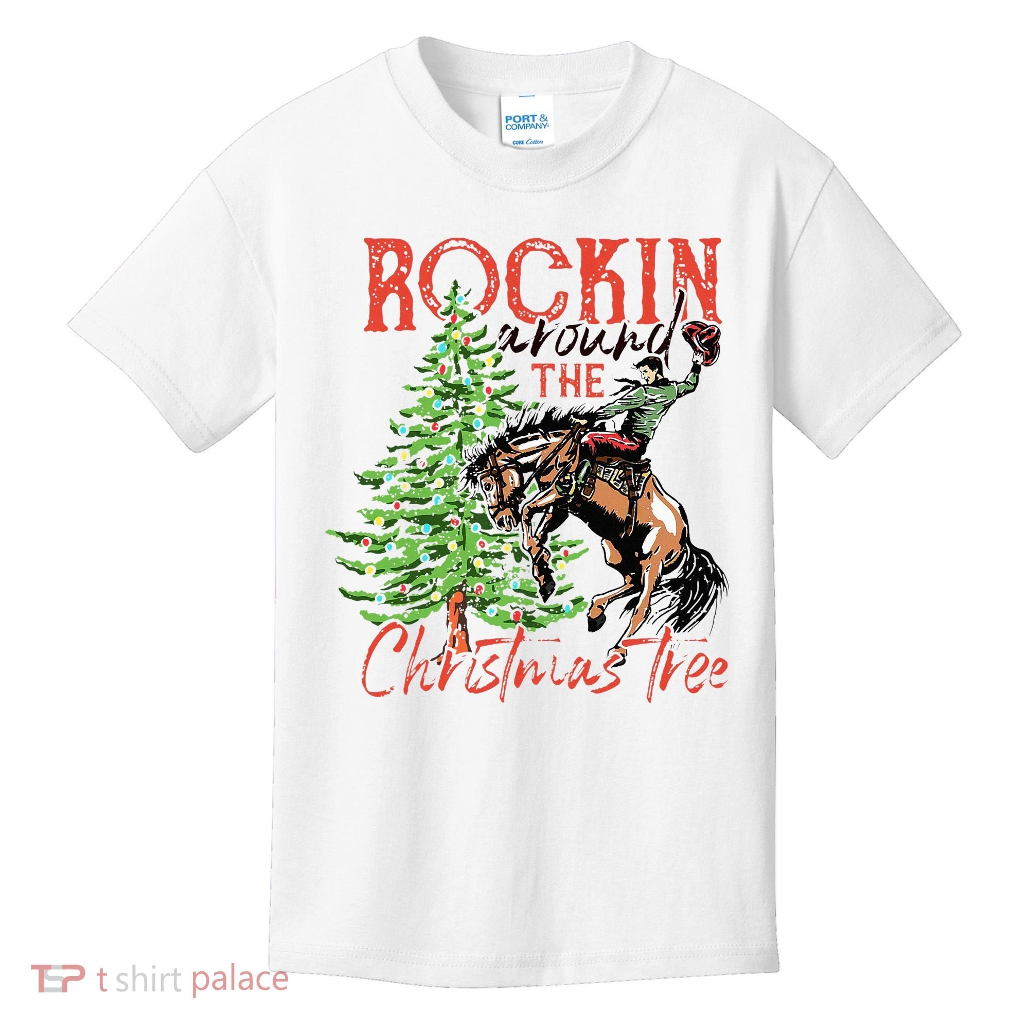 Hilarious Cowboy Rocking Christmas Tree Western Decor Kids T-Shirt
