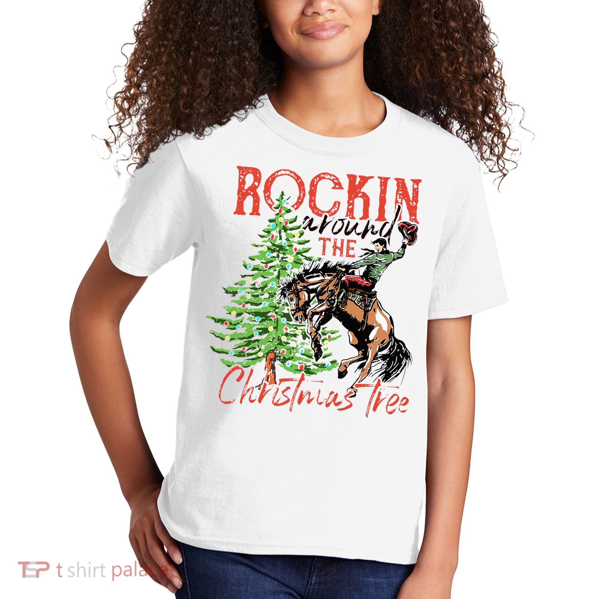 Hilarious Cowboy Rocking Christmas Tree Western Decor Kids T-Shirt