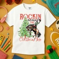 Hilarious Cowboy Rocking Christmas Tree Western Decor Kids T-Shirt thumb 3