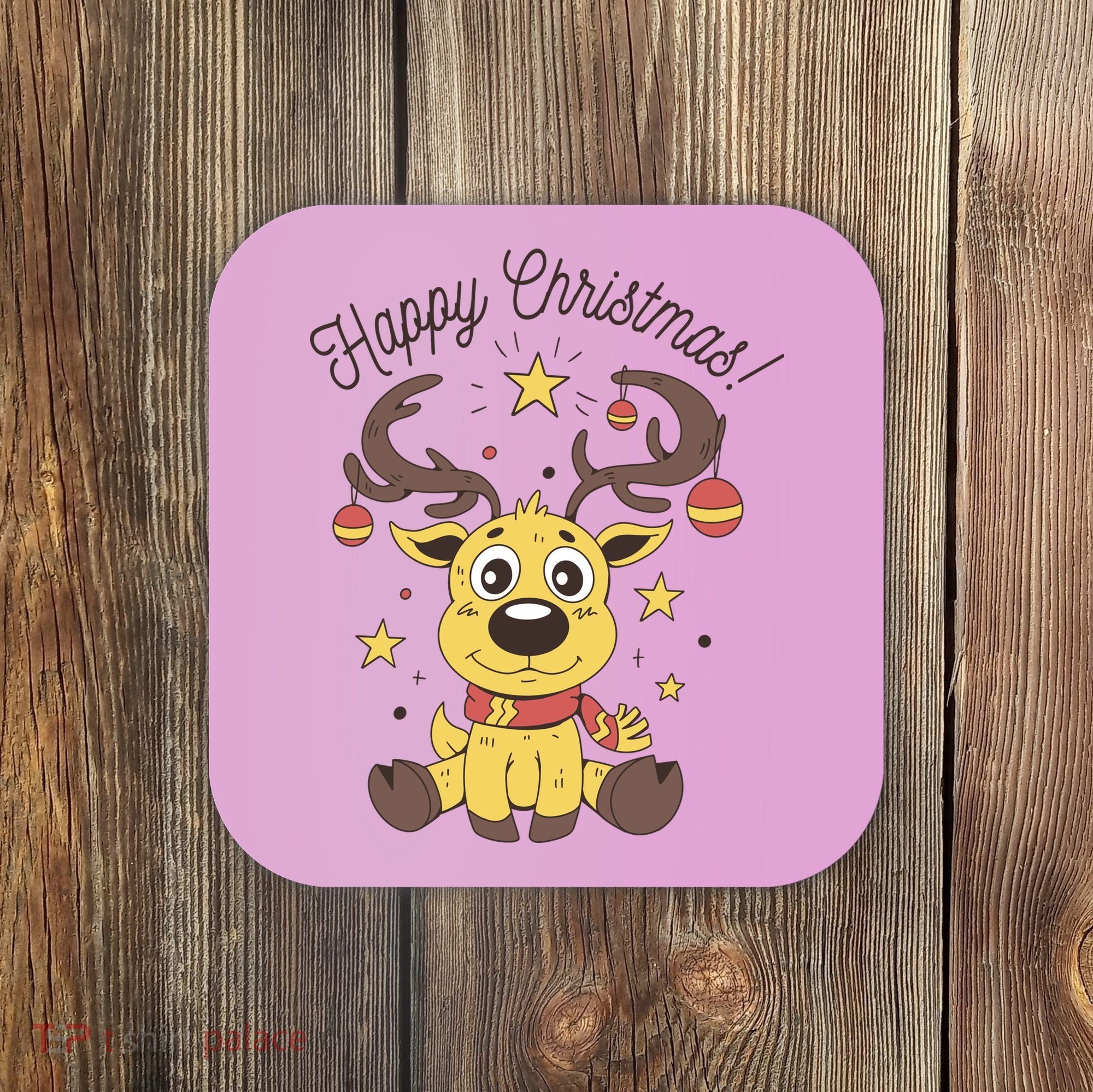 Happy Christmas Reindeer Holiday Coaster