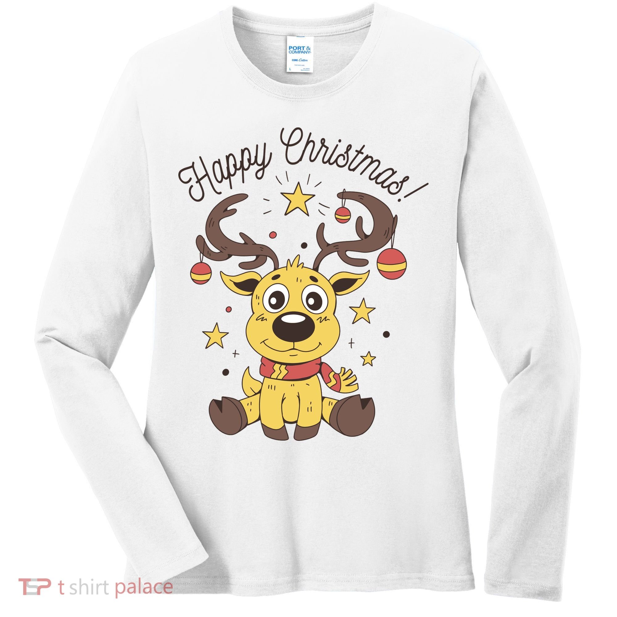 Happy Christmas Reindeer Holiday Women's Long Sleeve Shirt