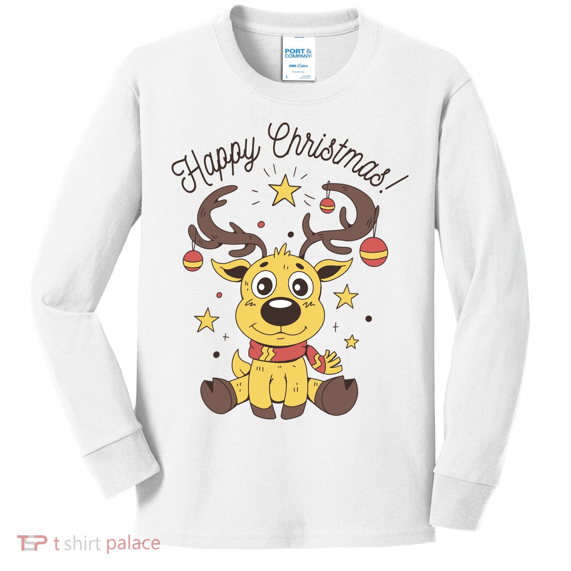 Happy Christmas Reindeer Holiday Kids Long Sleeve Shirt