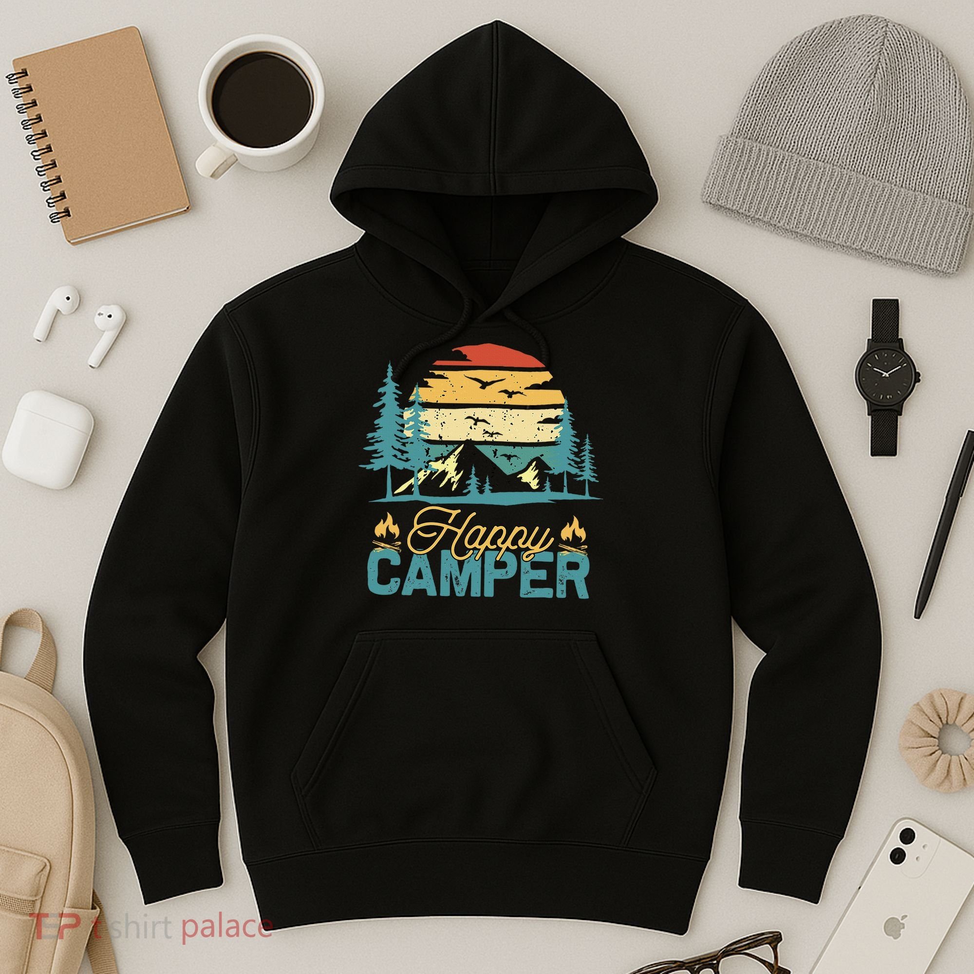 Happy Camper Retro Matching Camping Crew Hoodie