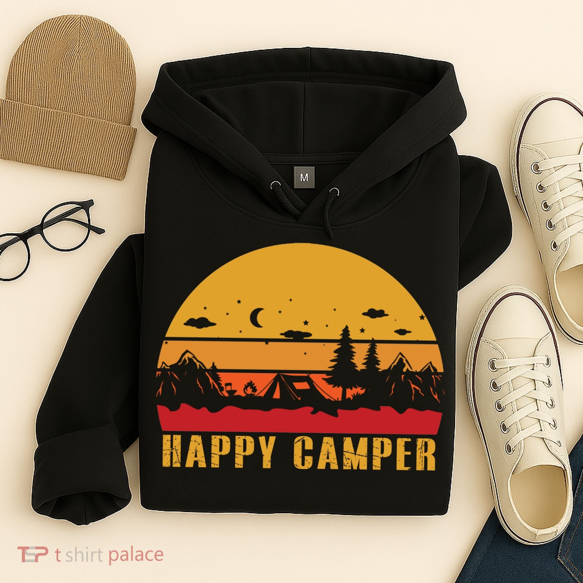 Happy Camper Retro Sunset Camping Hoodie