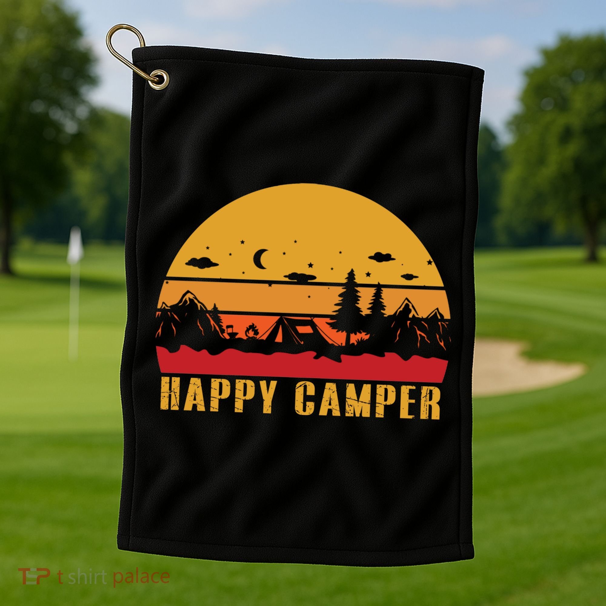 Happy Camper Retro Sunset Camping Golf Towel