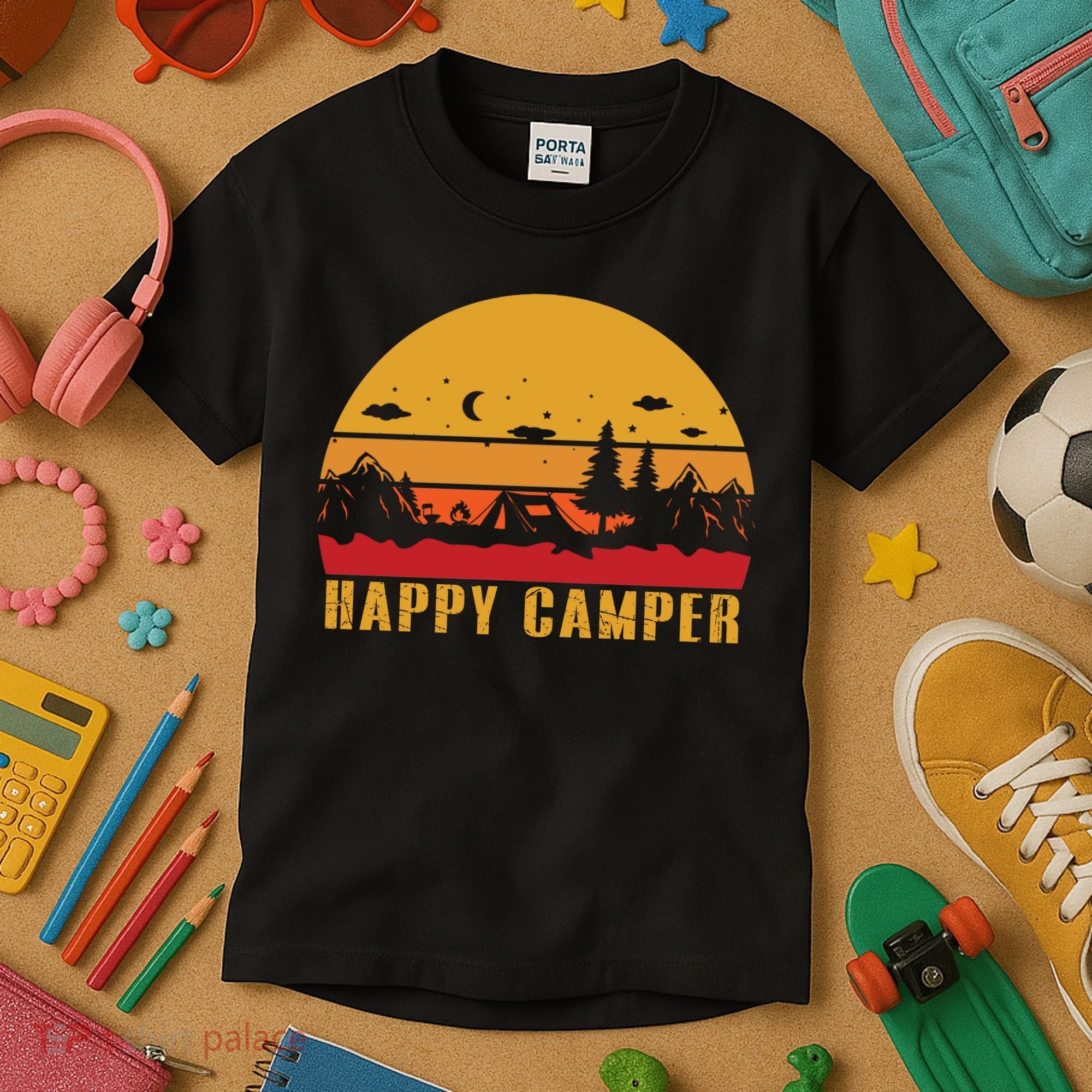 Happy Camper Retro Sunset Camping Kids T-Shirt