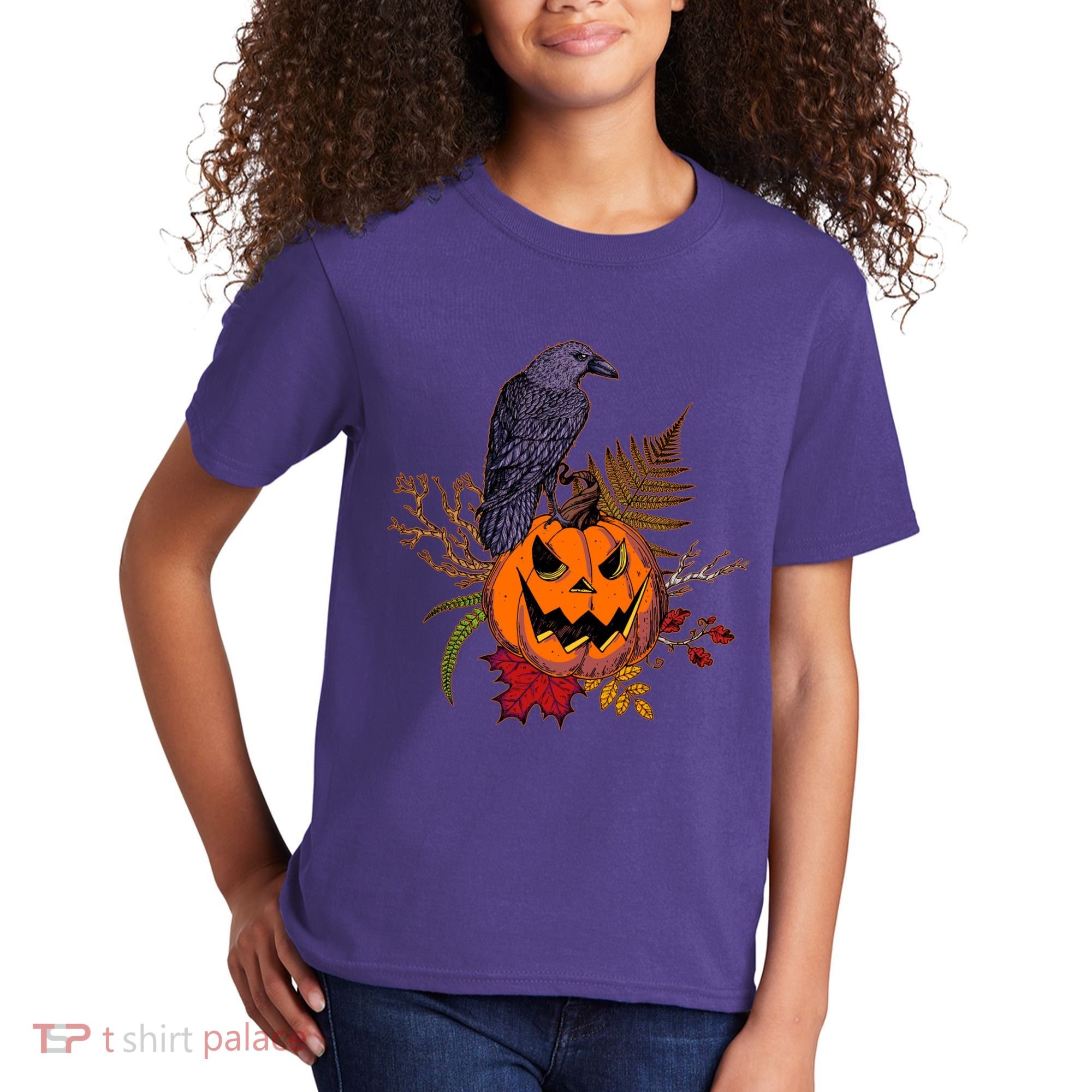 Halloween Crow Raven Pumpkin Fall Autumn Lover Kids T-Shirt
