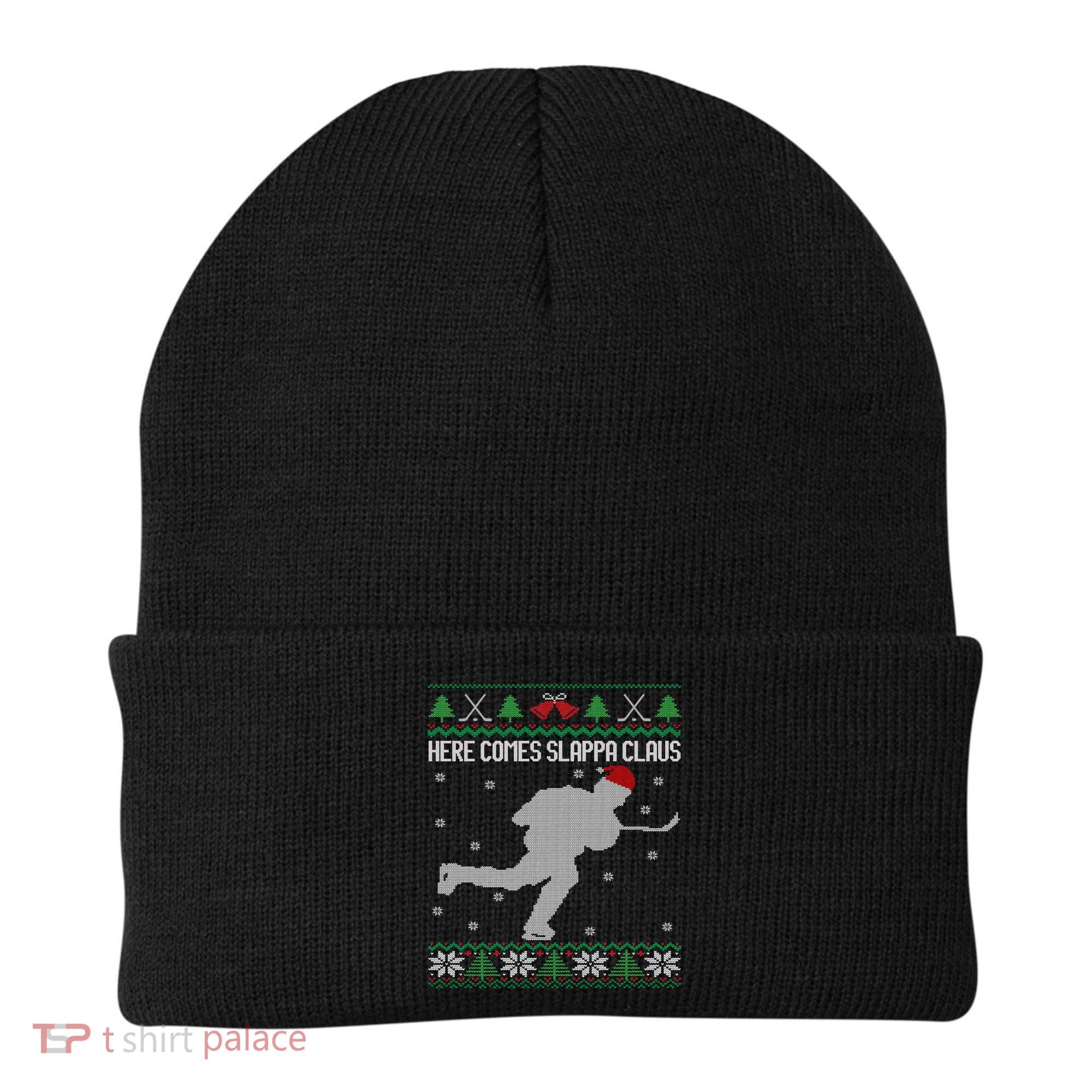 Here Comes Slappa Claus Slap Shot Ice Hockey Ugly Christmas Funny Gift Beanie