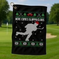 Here Comes Slappa Claus Slap Shot Ice Hockey Ugly Christmas Funny Gift Golf Towel thumb 1