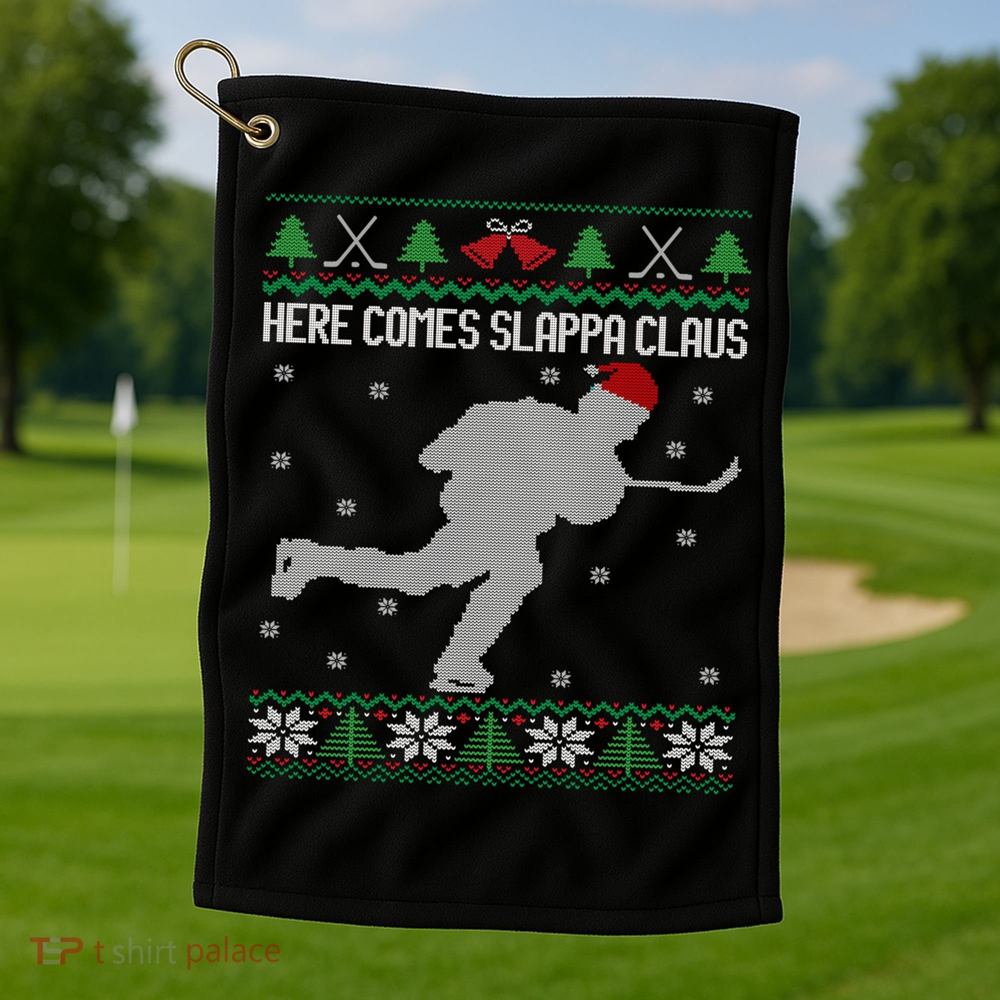 Here Comes Slappa Claus Slap Shot Ice Hockey Ugly Christmas Funny Gift Golf Towel
